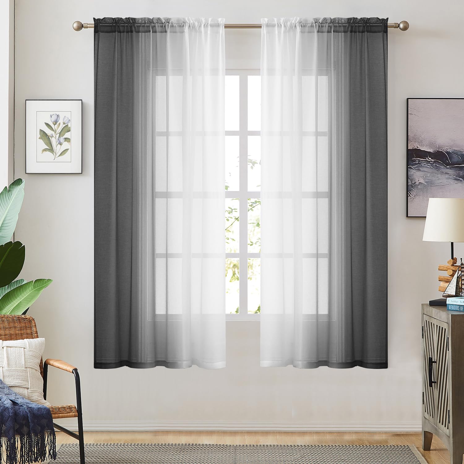Black Ombre Faux Linen Sheer Curtains for Bedroom Living Room Rod Pocket, 2 Tone Reversible Gradient Voile Semi Window Curtains,