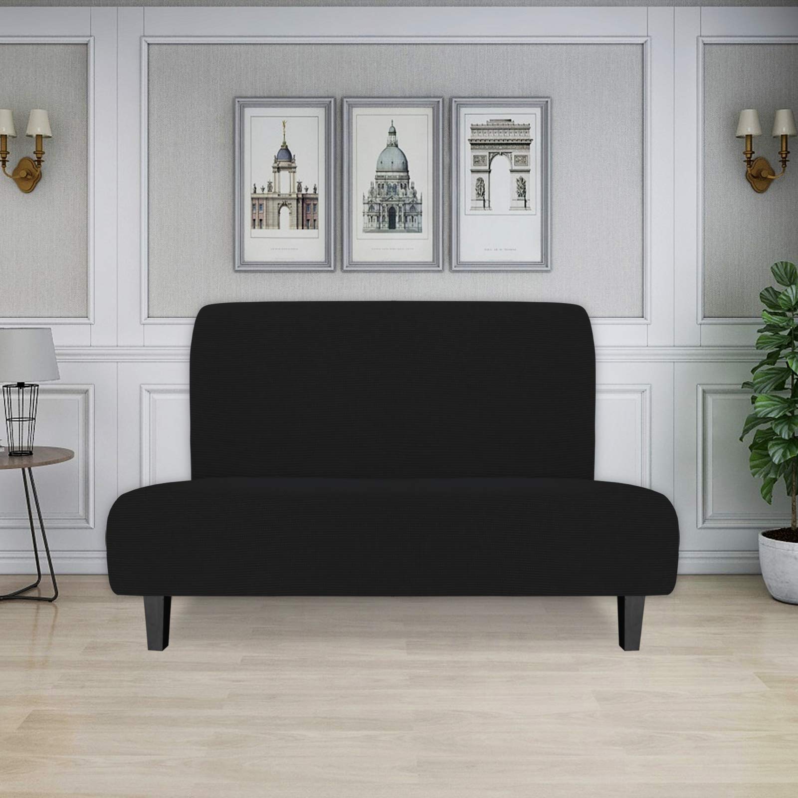 Easy-Going Stretch Futon Slipcover Armless Futon Bed Cover Furniture Protector Without Armrests With Elastic Bottom For Kids, Soft Jacquard Fabric Small Checks (Medium, Black)