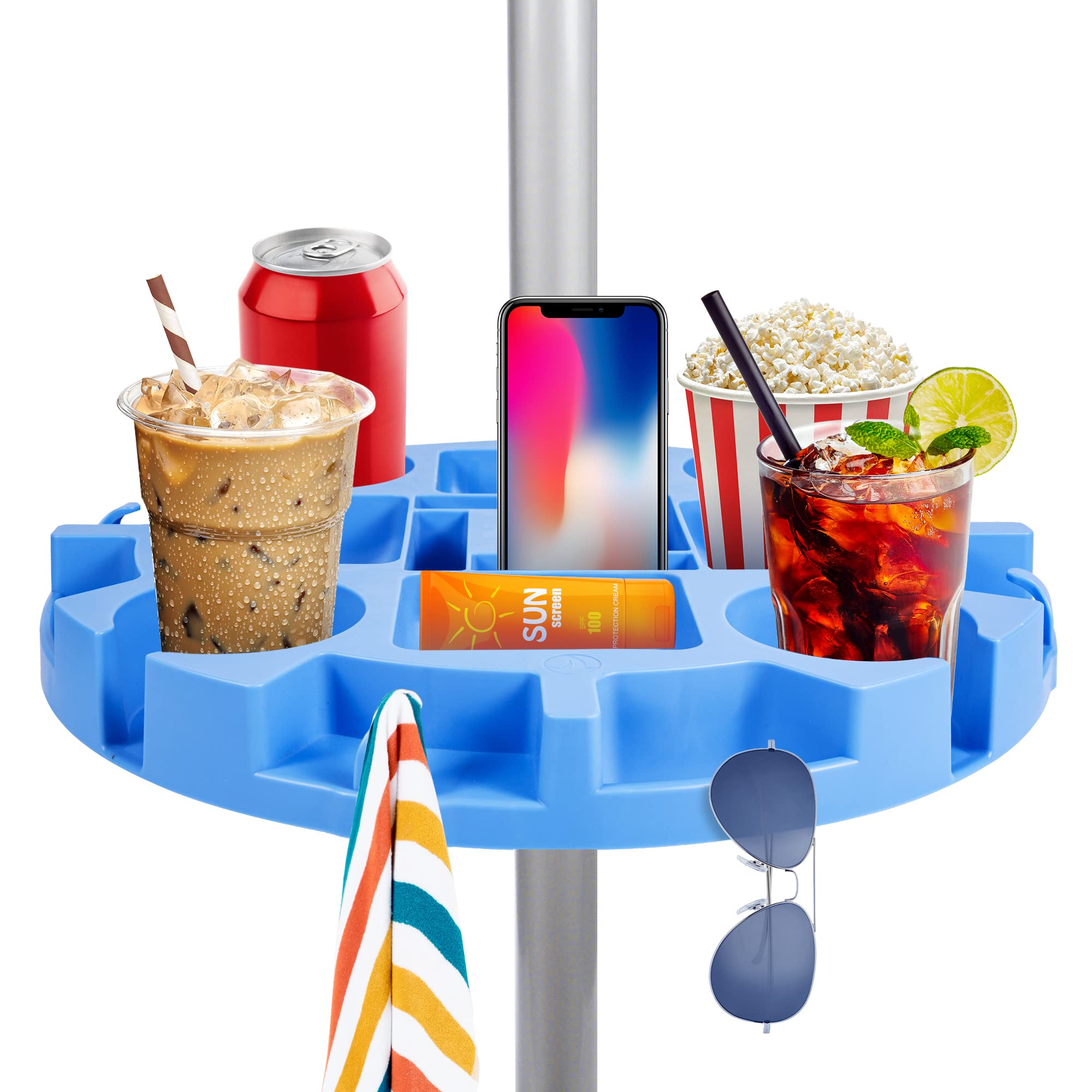 Keten 17' Beach Umbrella Table Tray With 4 Cup Holders, 4 Snack Compartments, 4 Sunglasses Holes, 4 Phone Slots, Umbrella Table