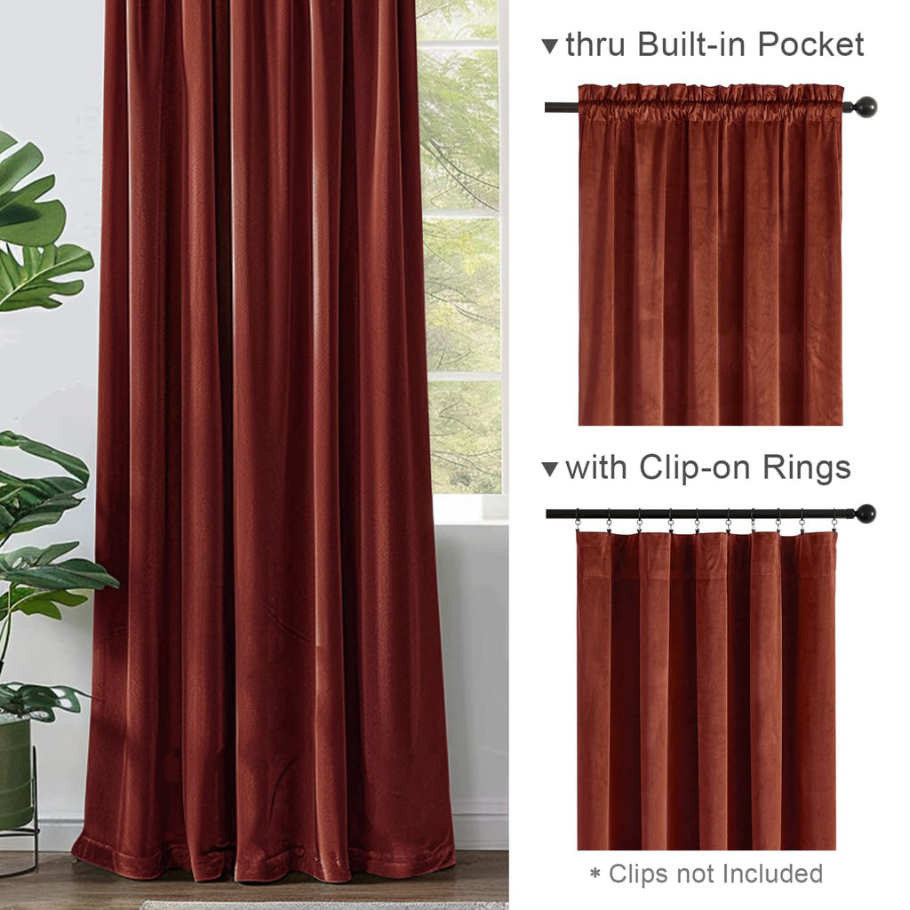 Lazzzy Rust Red Velvet Curtains Room Darkening Thermal Insulated Curtains 90 Inch Length Window Drapes For Bedroom Living Room Super Soft Luxury Rod Pocketwindow Treatment 2 Panels
