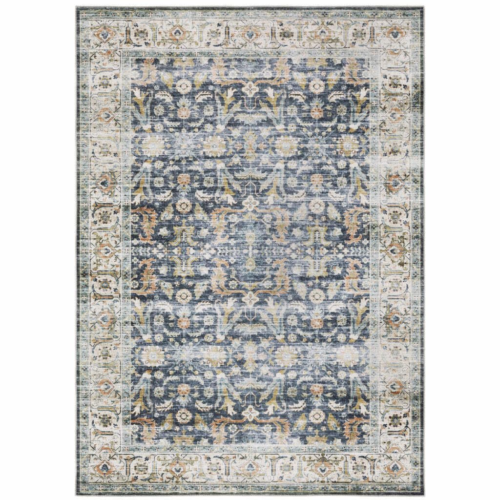 HomeRoots 510385 7 x 10 ft. Blue Gold Rust Ivory & Olive Oriental Printed Stain Resistant Non Skid Rectangle Area Rug