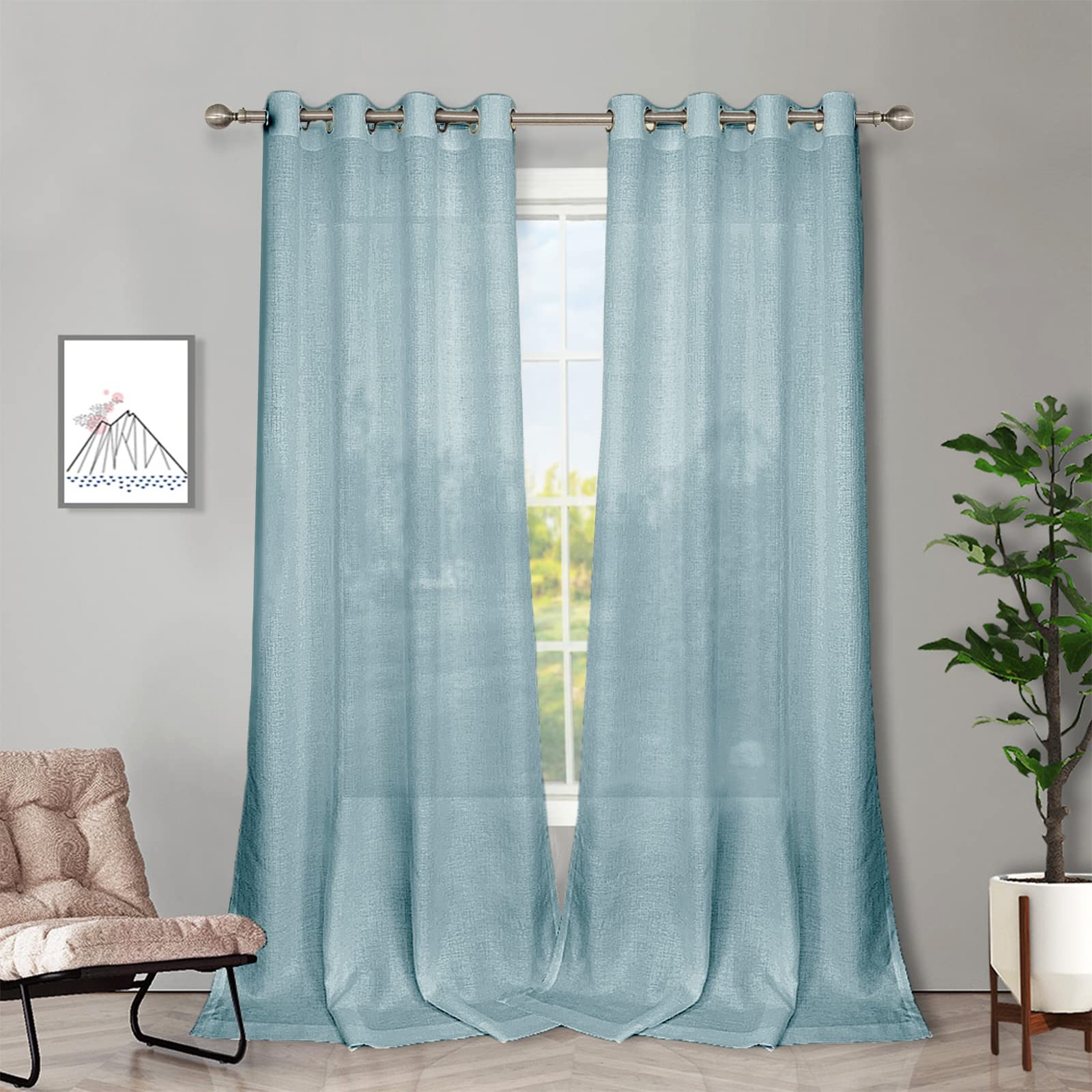 Melodieux Blue Semi Sheer Curtains 96 Inches Long For Living Room Bedroom Flax Linen Grommet Voile Drapes, 52 By 96 Inch (2 Pane