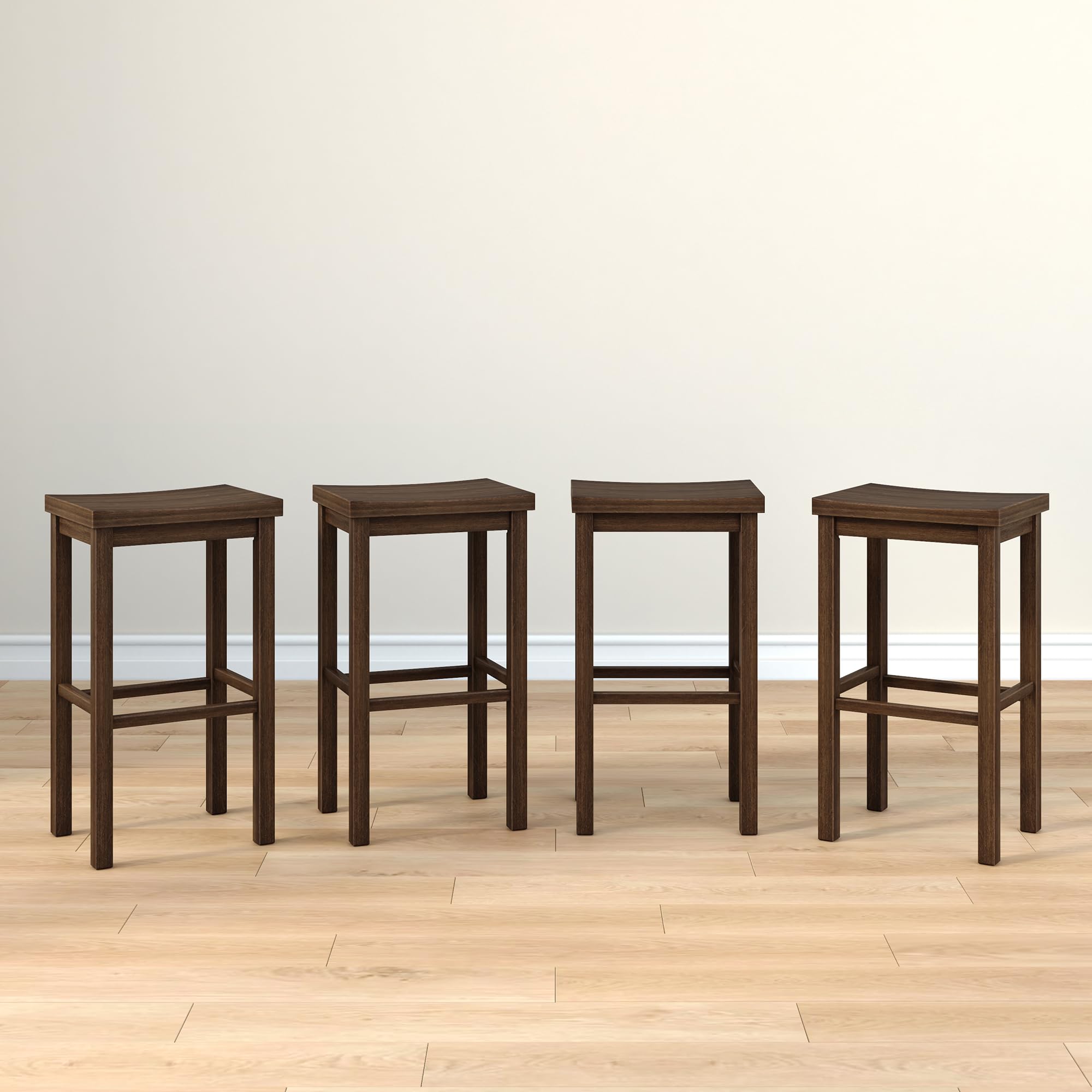 Grain & Grove Smith Collection Set of 4 Solid Wood Bar Stools, 30 inch Saddle-Seat Bar Chairs, Backless, Heavy-Duty Construction