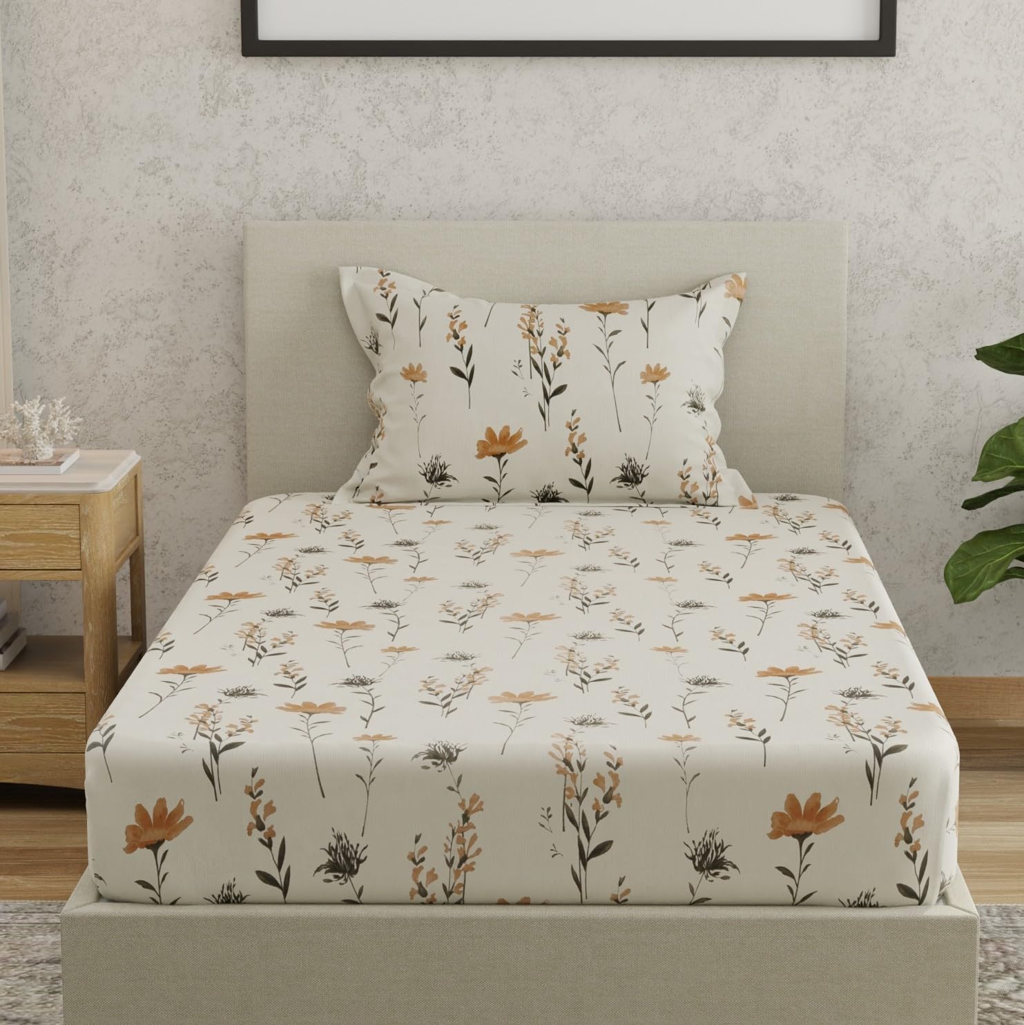 Huesland By Ahmedabad Cotton 144 Tc Bedsheet For Single Bed With 1 Pillow Cover | White & Tangerine Orange