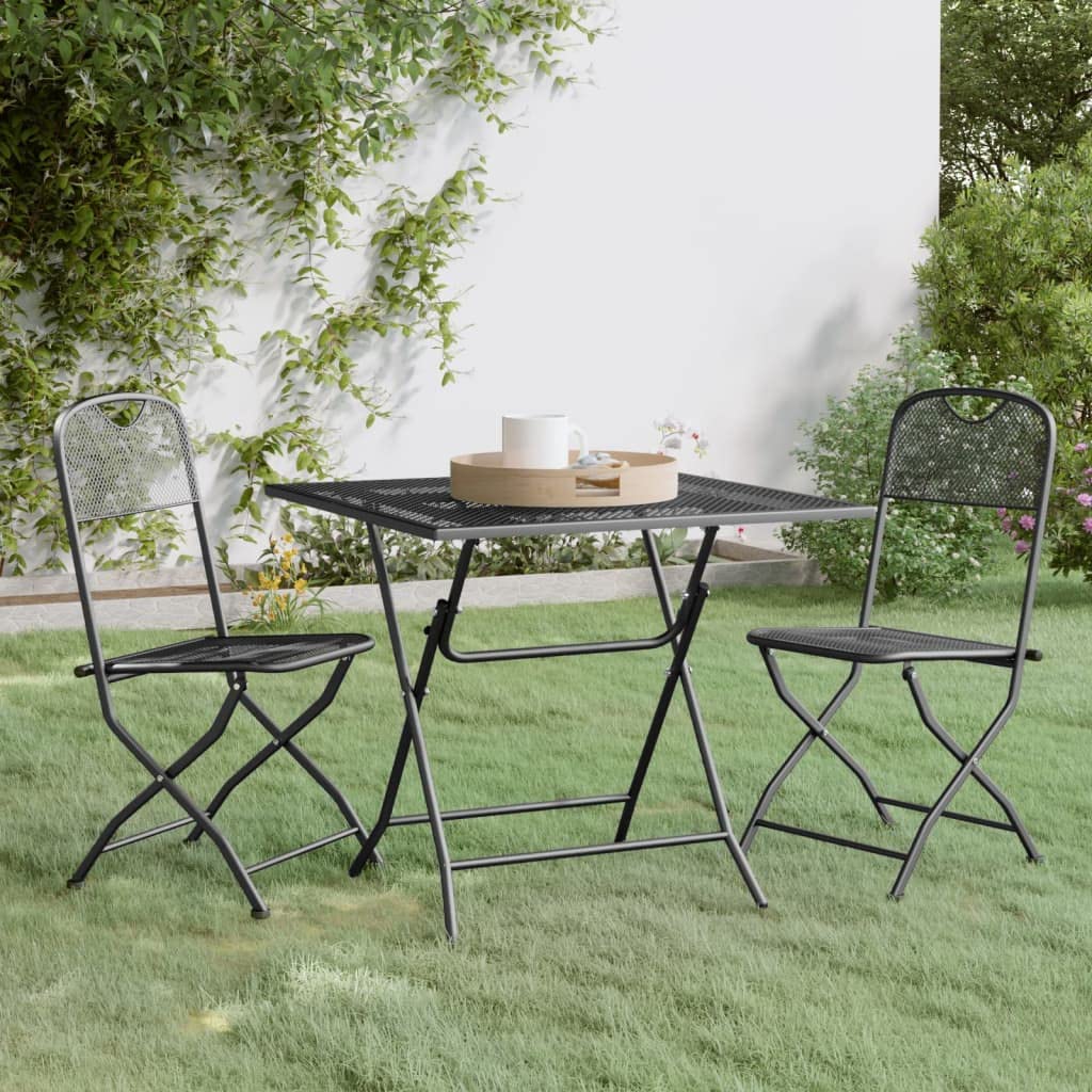 vidaXL Patio Dining Set - 3 Piece Outdoor Furniture Set with Expanded Metal Mesh - Anthracite Color - Weather & Corrosion Resistant - Foldable Design