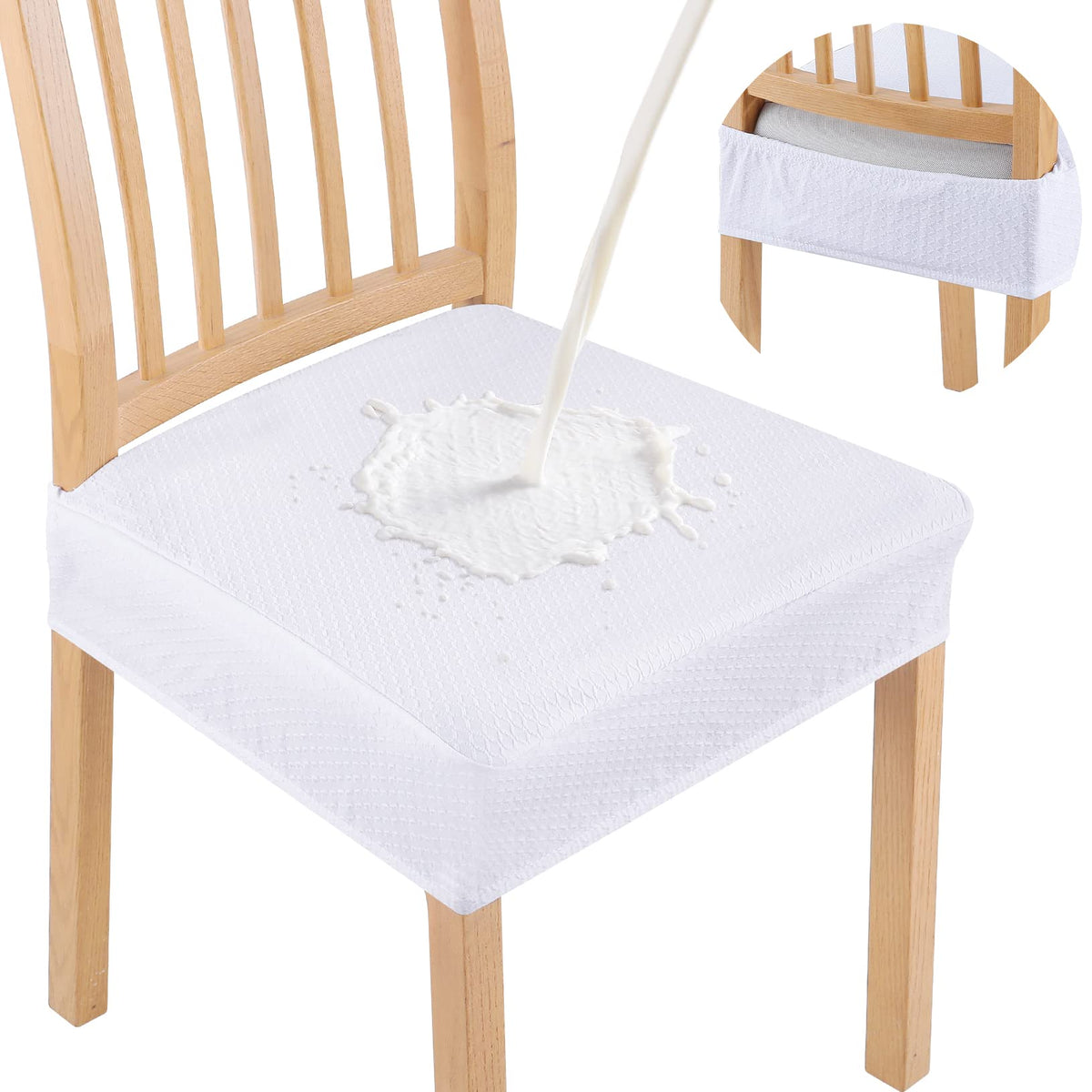 Smiry Waterproof Seat Covers For Dining Room Chairs Set Of 6, Stretch Jacquard Removable Washable Chair Seat Slipcovers Protector, No Rear Covers, White