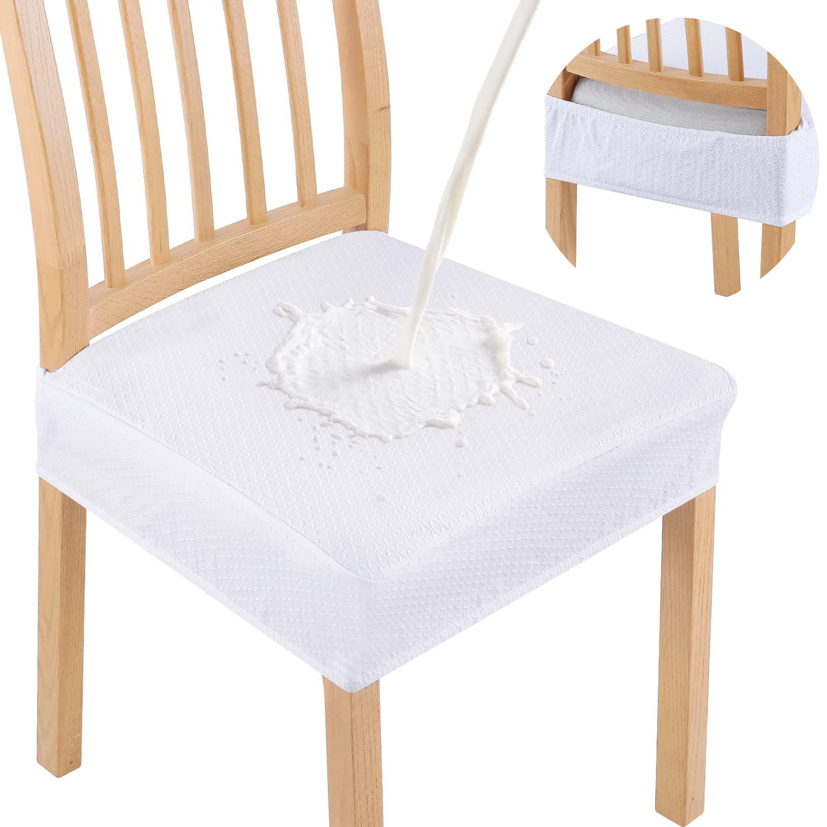 Smiry Waterproof Seat Covers For Dining Room Chairs Set Of 6, Stretch Jacquard Removable Washable Chair Seat Slipcovers Protector, No Rear Covers, White