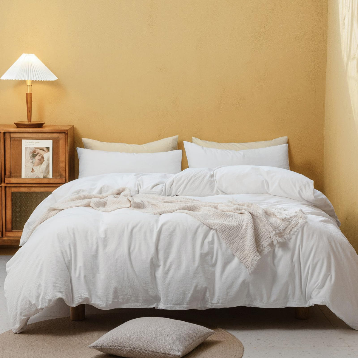 Fossa Duvet Cover Set 100% Washed Cotton Linen Feel Super Soft Breathable Cozy Simple Style 3 Pieces Bedding Sets Solid Off Whit