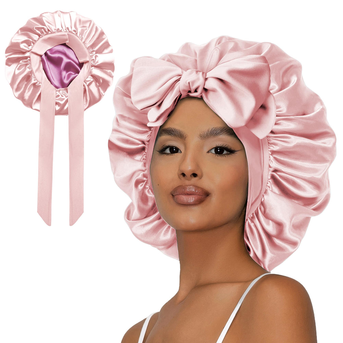 Vettres Silk Bonnet for Sleeping Straight Hair Double Layer Satin Bonnet with Tie Satin Hair Bonnet for Sleeping Pink Rose