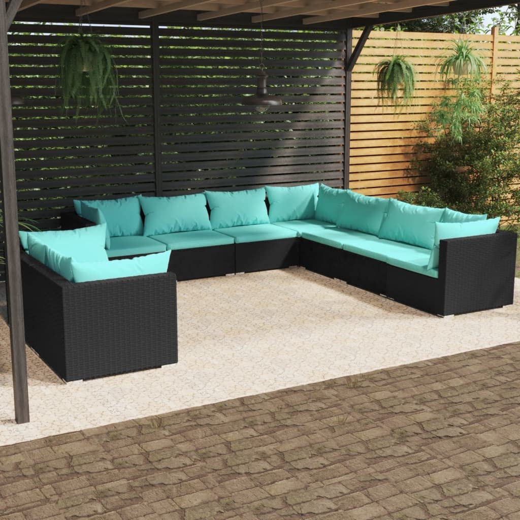 vidaXL - 9 Piece Patio Lounge Set with Cushions in Black Poly Rattan, Featuring Modular Design, Weather-Resistant Material, Comfortable Seating with Thick Padded Cushions