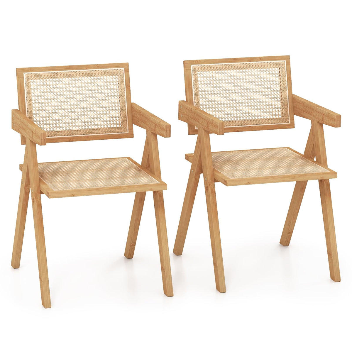 Giantex Boho Cane Dining Chairs Set Of 2, Max Load 330 Lbs, Wooden Dining Chairs, Bamboo Accent Armchair For Living Room, Dining Room, Natural