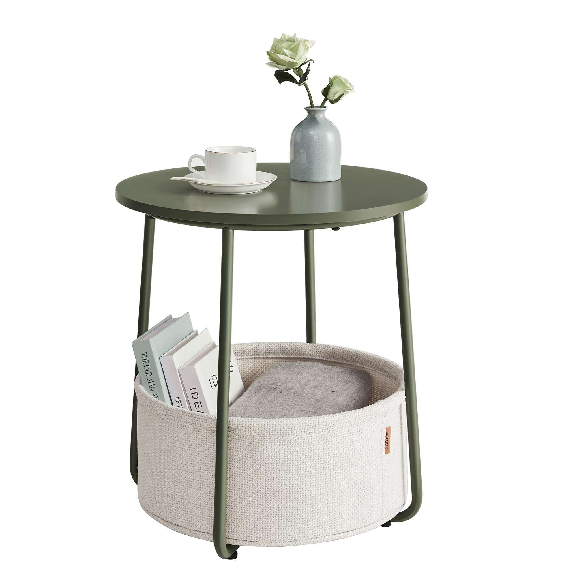 Vasagle End Table, Small Bedside Table With Fabric Basket, Modern Nightstand, Round Side Table, For Living Room, Bedroom, Forest Green And Cream White Ulet223C80
