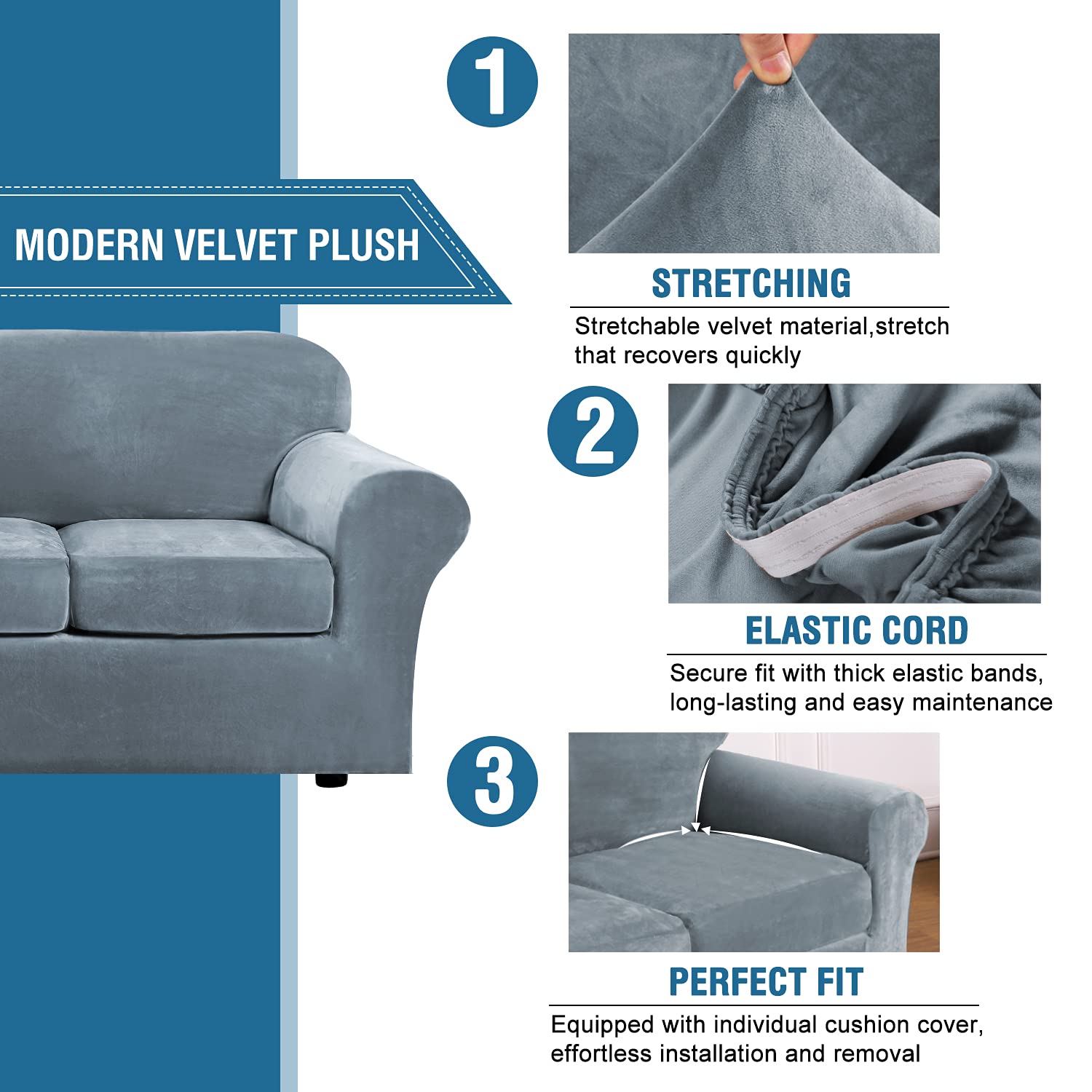H.Versailtex Modern Velvet Plush 4 Piece High Stretch Sofa Slipcover Sofa Cover Furniture Protector Form Fit Luxury Thick Velvet Extra Large Sofa Cover For 3 Cushion Couch (Xl Sofa, Stone Blue)