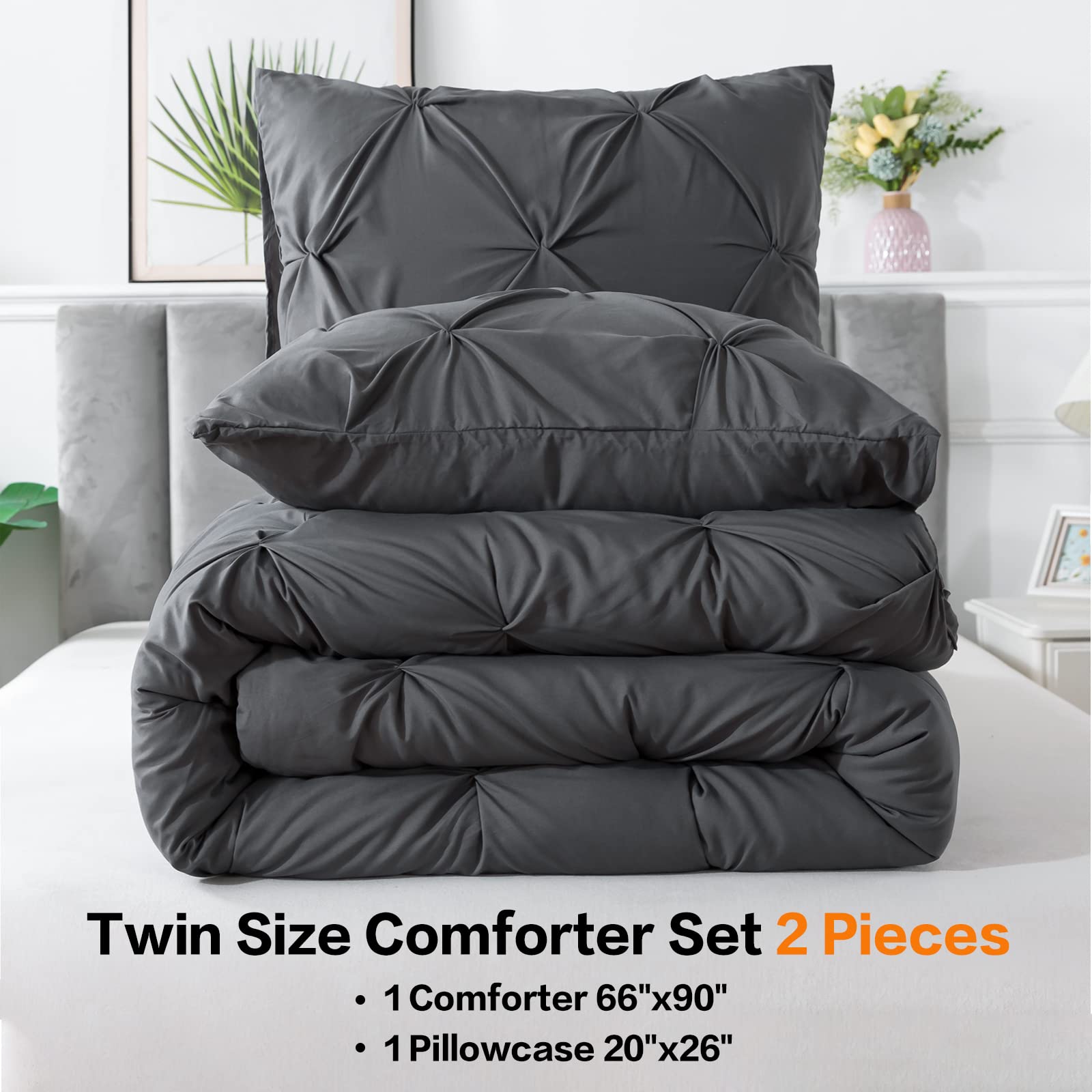 Andency Gray Pinch Pleat Comforter Twin(66X90Inch), 2 Pieces(1 Grey Pintuck Comforter And 1 Pillowcase) Microfiber Down Alternative Comforter Bedding Set