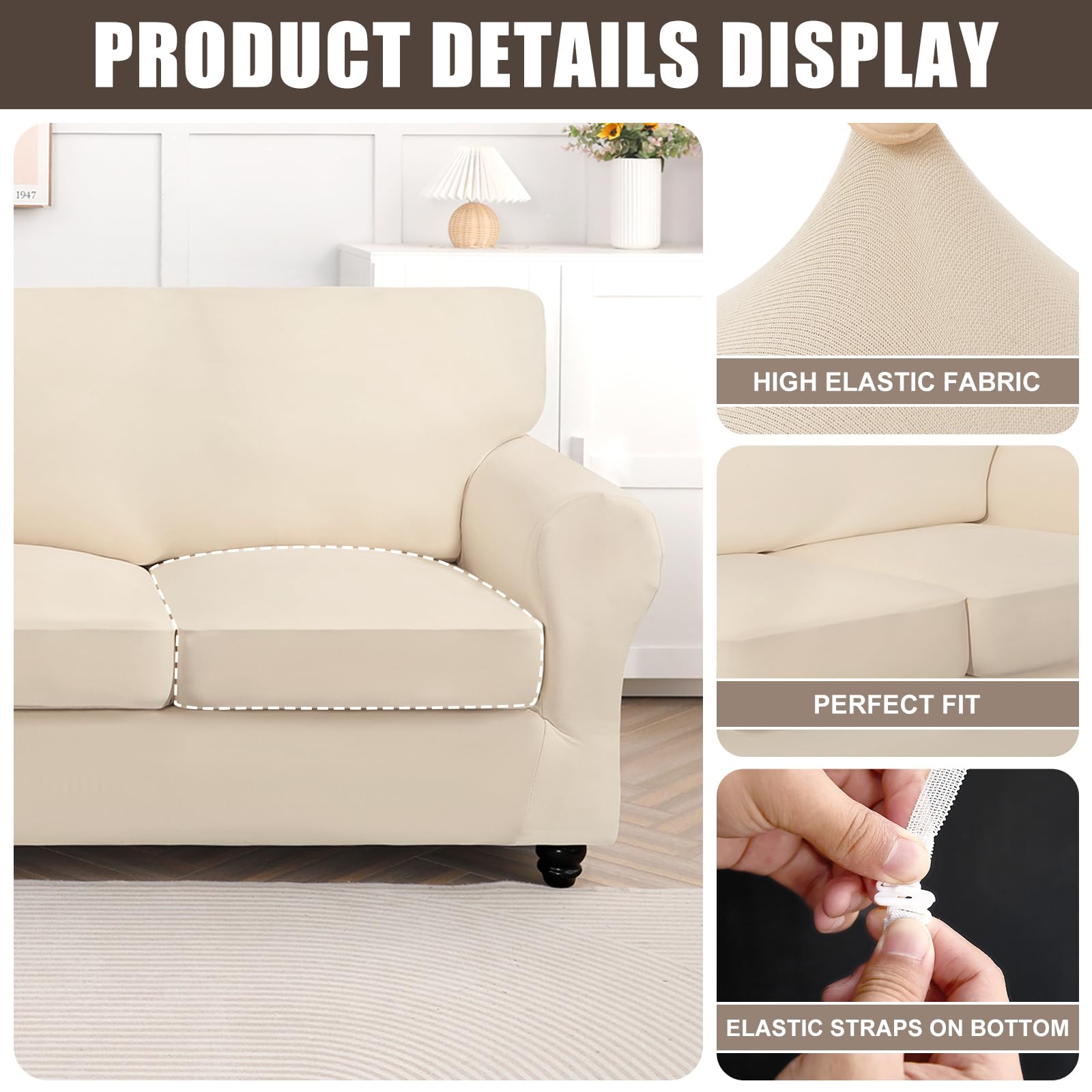Searchi Stretch Sofa Cover Couch Cover, 4 Pieces Sofa Slipcover With 3 Separate Cushion Cover, Washable Furniture Protector For Living Room(Sofa, Beige)