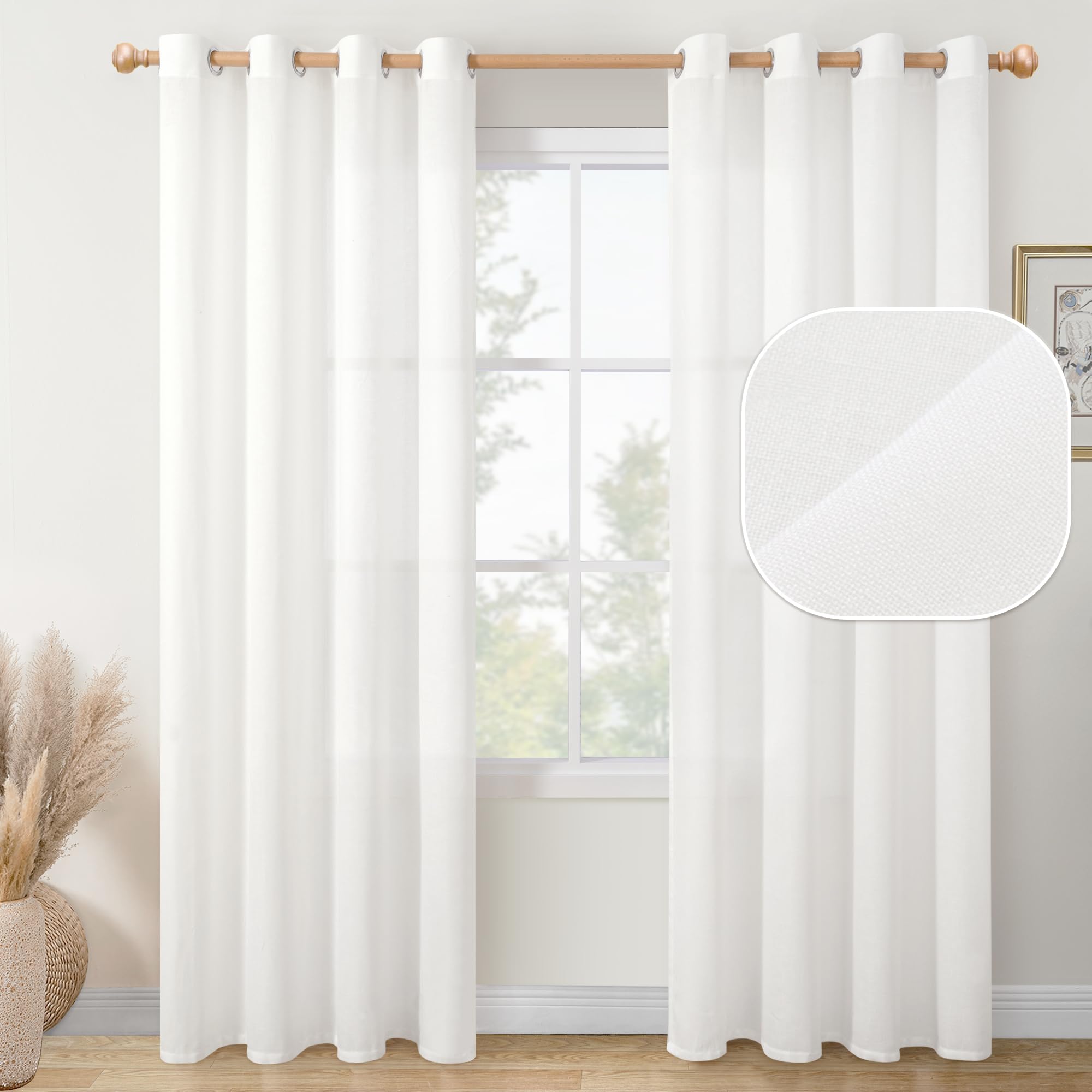 Youngstex White Linen Curtains 84 Inches Length Light Filtering Living Room Drapes Semi Sheer Textured Lightweight Curtain For B