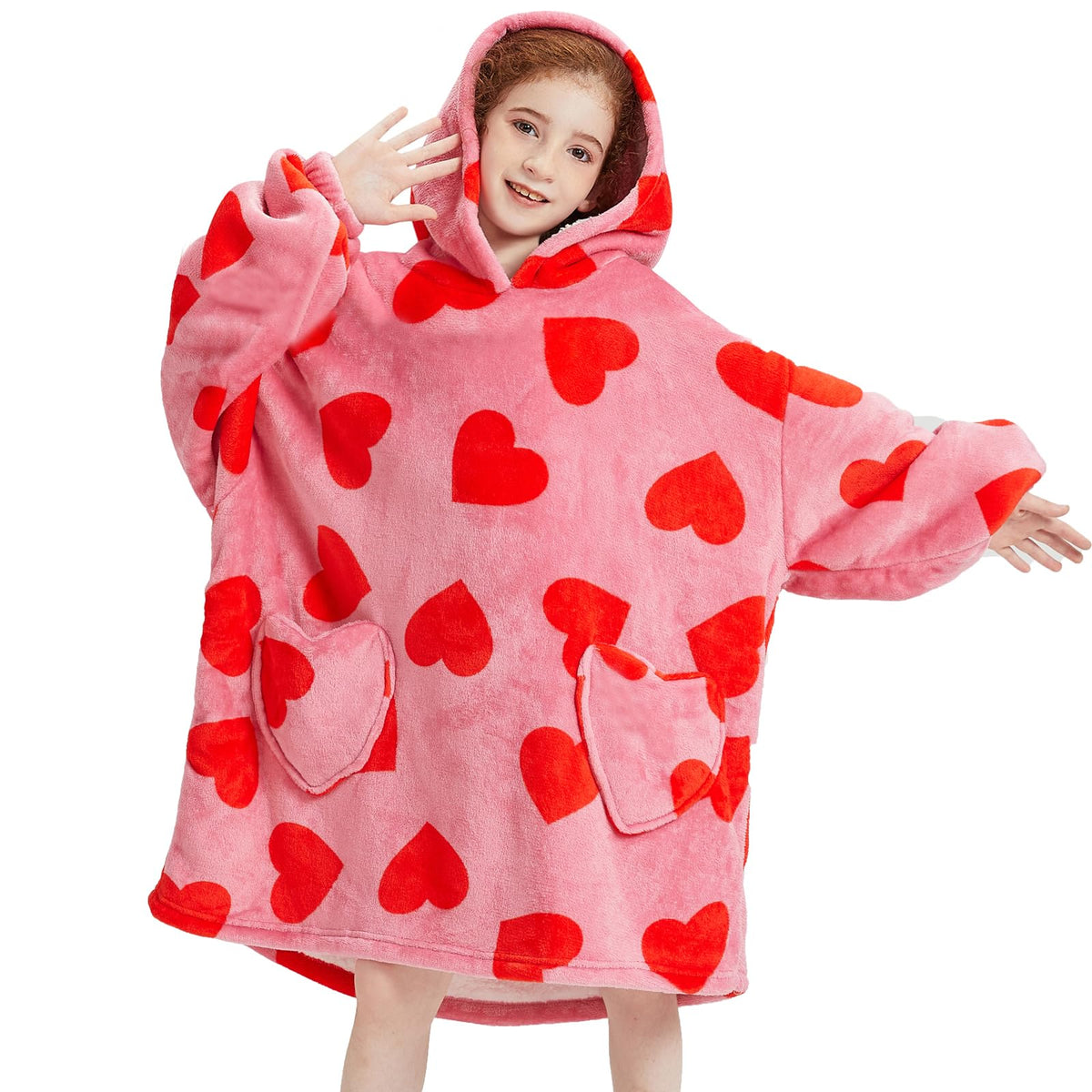Mewkou Wearable Blanket Hoodie For Kids Oversized Sherpa Blanket Hoodie For Kids Boys Girls Teens 6-13Yr,Heart