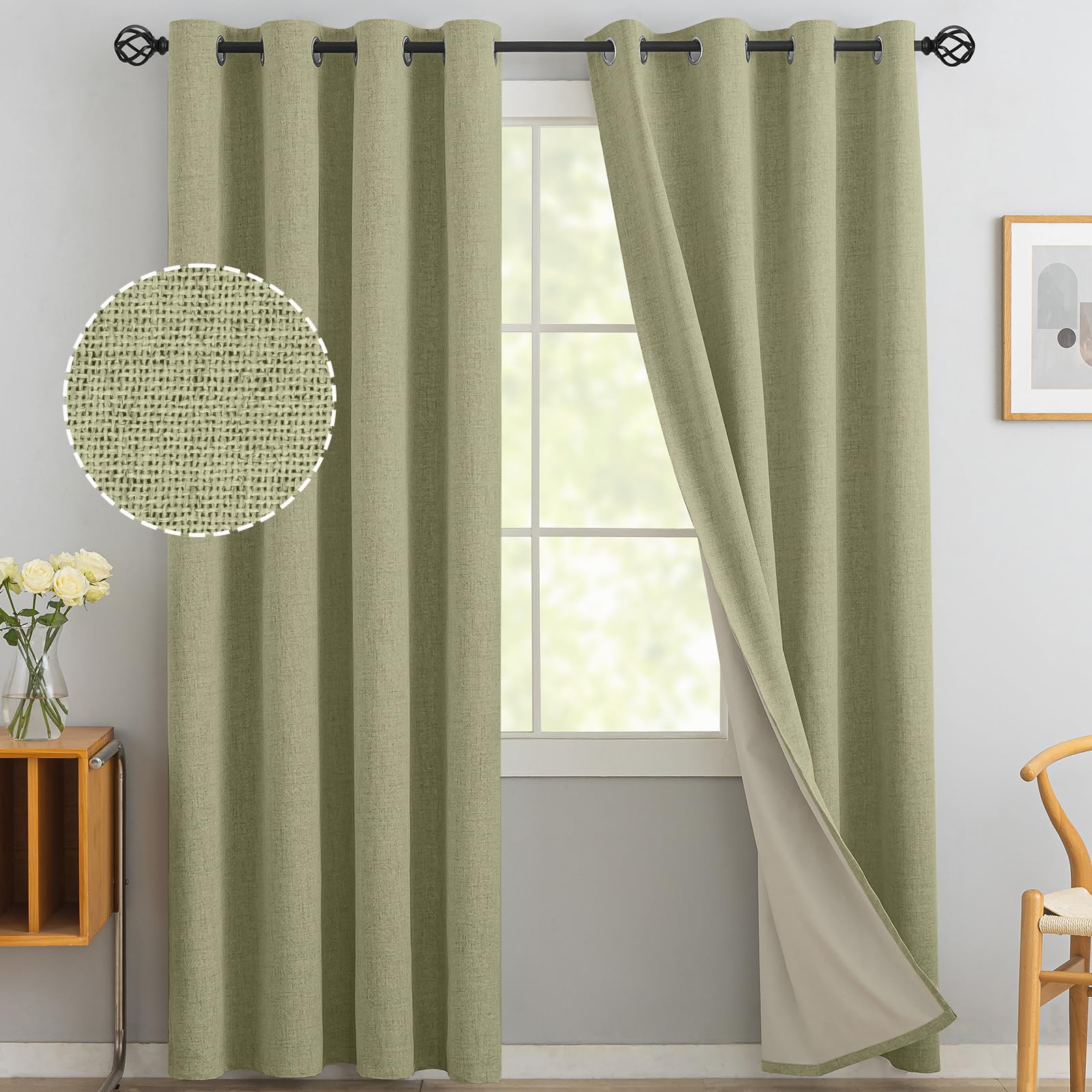 Yakamok Sage Green Linen Curtains 100% Blackout 84 Inches Long,Room Darkening Textured Curtains for Living Room Thermal Grommet 