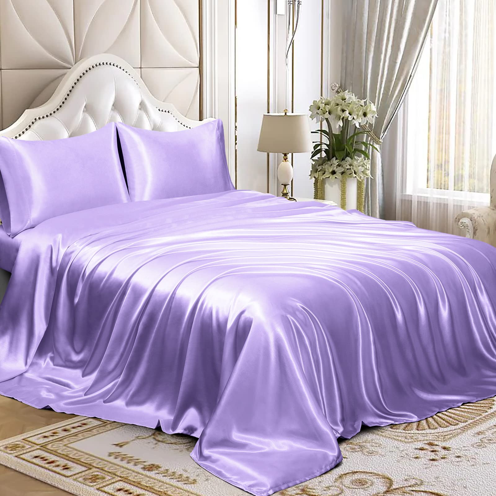 Homiest 4Pcs Satin Sheets Set Luxury Silky Satin Bedding Set With Deep Pocket, 1 Fitted Sheet + 1 Flat Sheet + 2 Pillowcases (King Size, Lavender)
