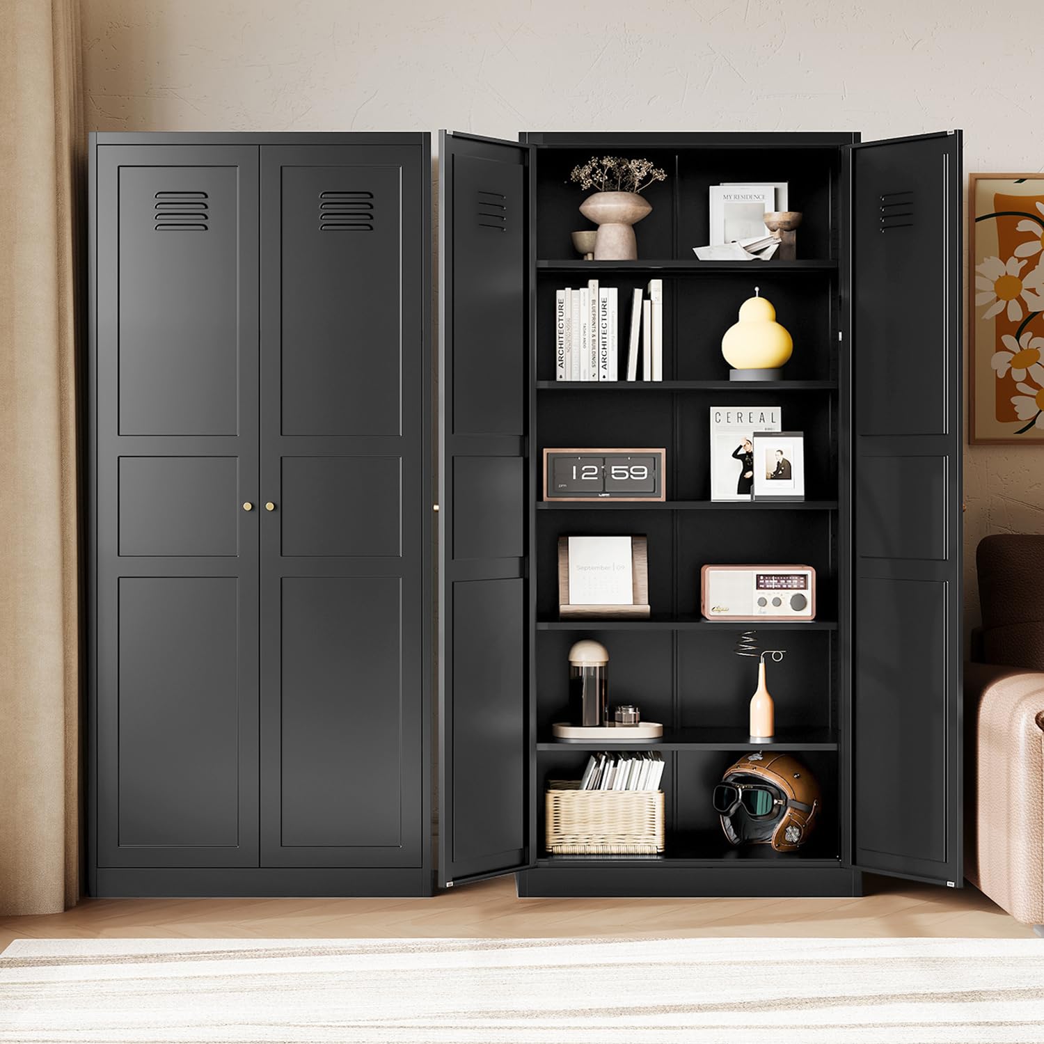 Letaya Black Storage Cabinet with Adjustable Shelves-Metal Home Kitchen Pantry Cabinets with Doors,Organization Locker for Cupbo