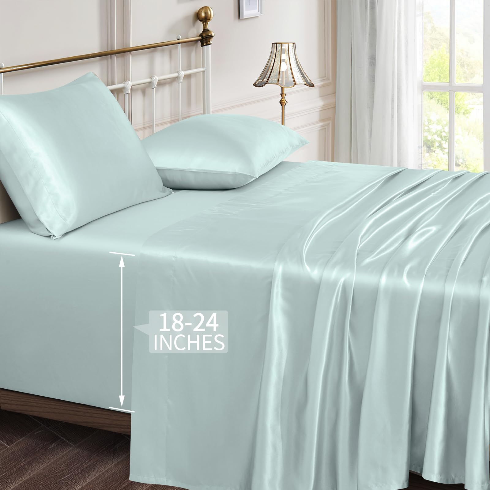 Vonty Satin Sheets Extra Deep Pocket King Size Sheets - Cooling & Silky Satin King Sheets Set with 18-24 Inch Deep Pocket, Ice B