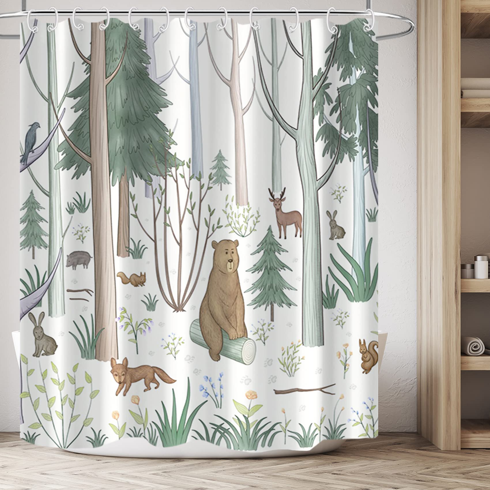 AWERT Cute Shower Curtain with Hooks Green Forest Shower Curtain with Wild Animals Bear Moose Deer Fox Deor Bathroom 72x72 inch