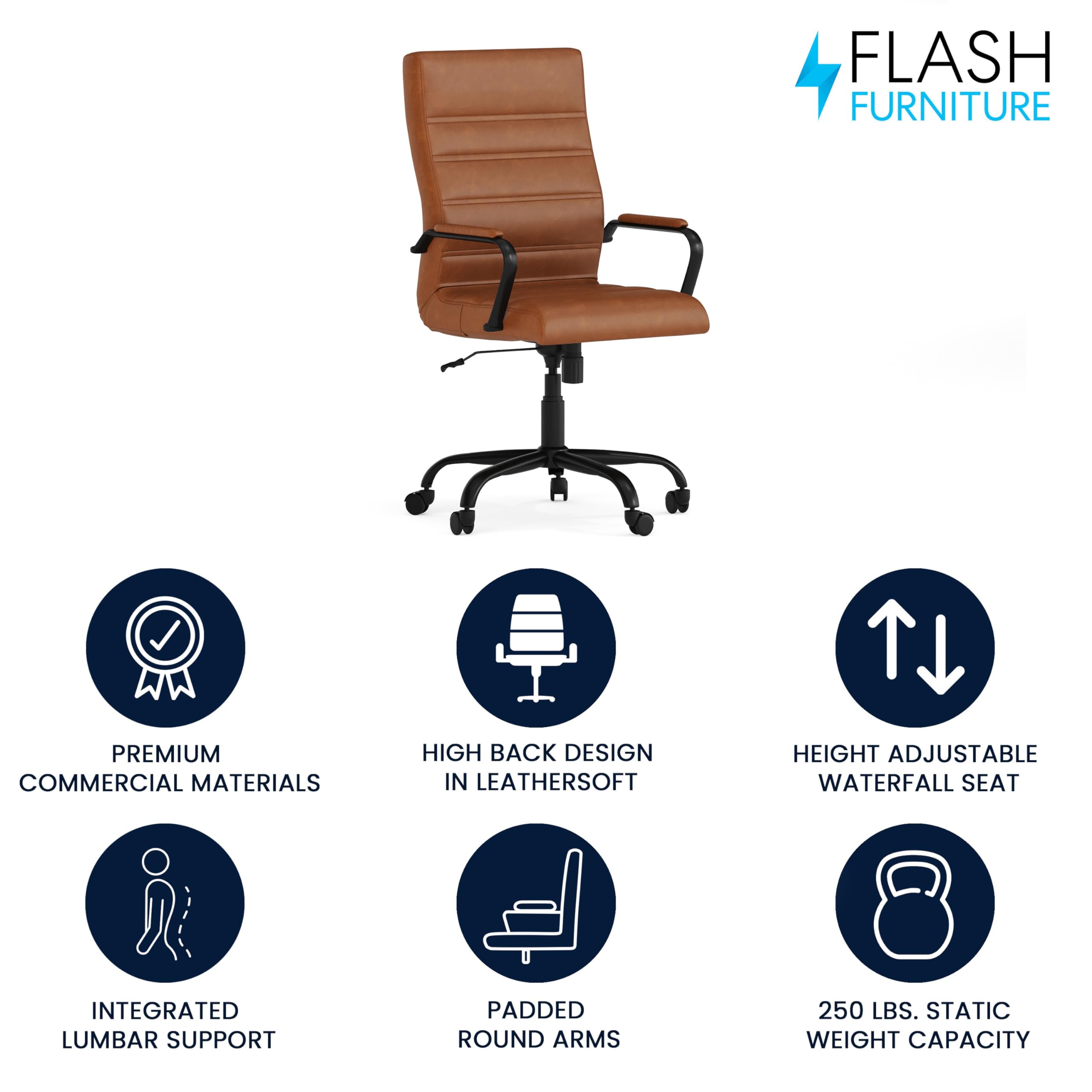 Flash Furniture Whitney High-Back Swivel LeatherSoft Desk Chair with Padded Seat and Armrests, Adjustable Height Padded LeatherSoft Office Chair, Brown/Black Gold