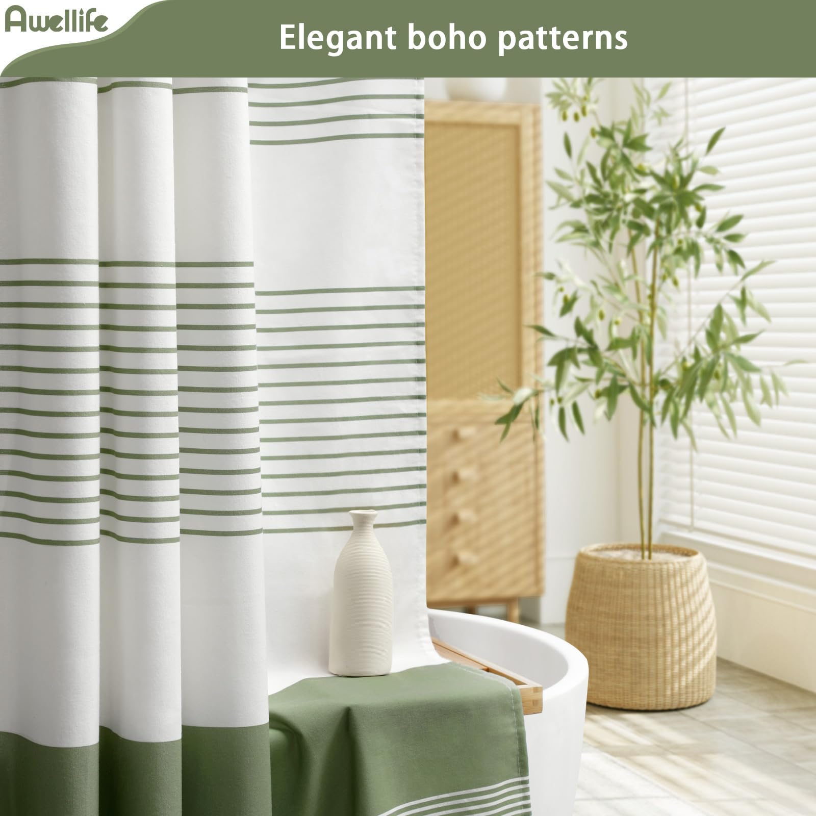 Awellife Sage Green Shower Curtain For Bathroom Stripe Tassel Shower Curtain 72 X 96 Inches Farmhouse Linen Extra Long