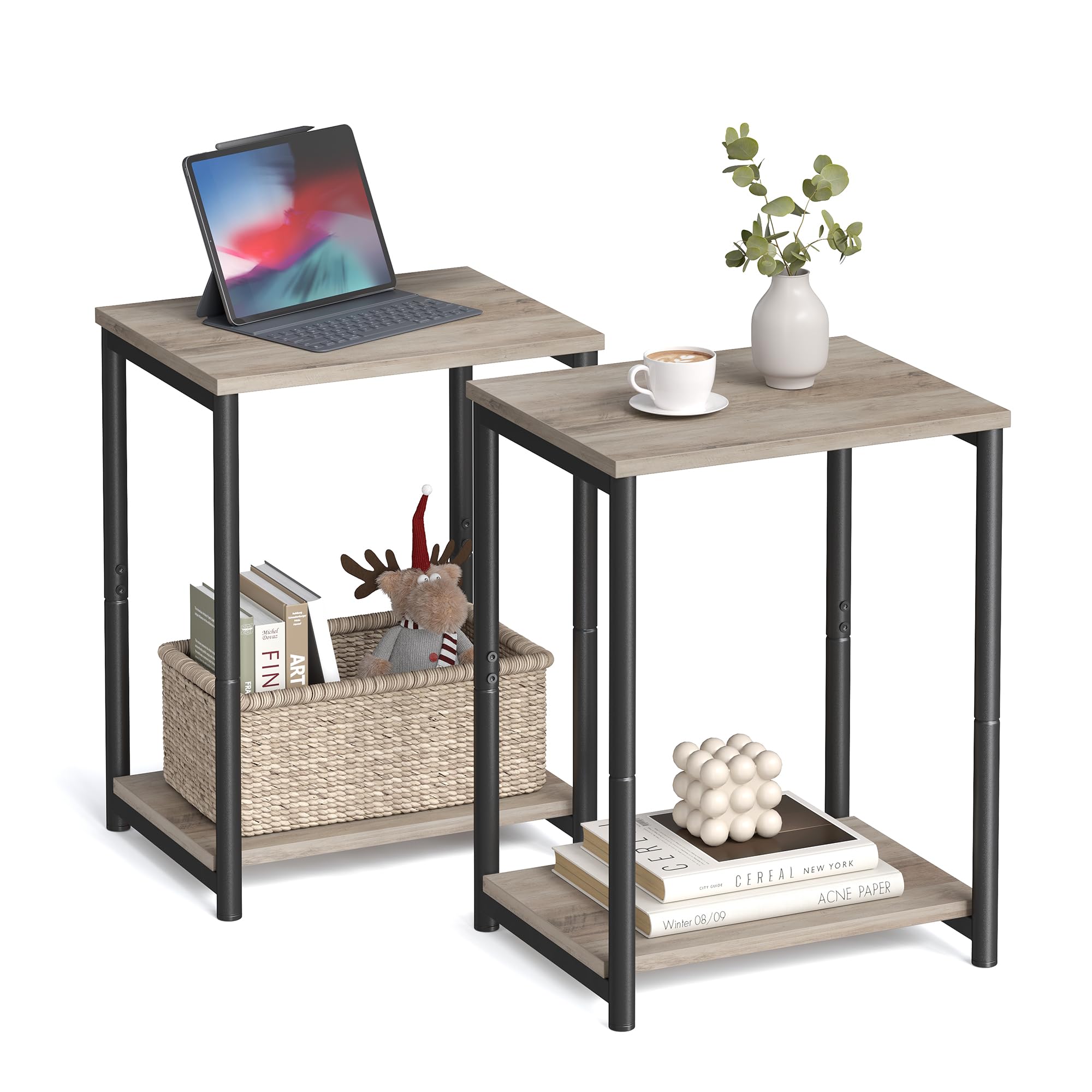 VASAGLE Side Tables Set of 2, Small End Table, Nightstand for Living Room, Bedroom, Office, Bathroom, Greige and Black ULET272B0