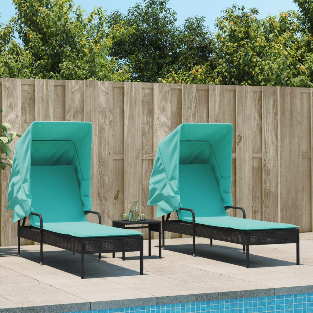 vidaXL Sun Loungers with Canopies and Table Furniture - Adjustable Reclining Patio/Garden Chaise Lounge Set, Black Poly Rattan, Turquoise Cushions
