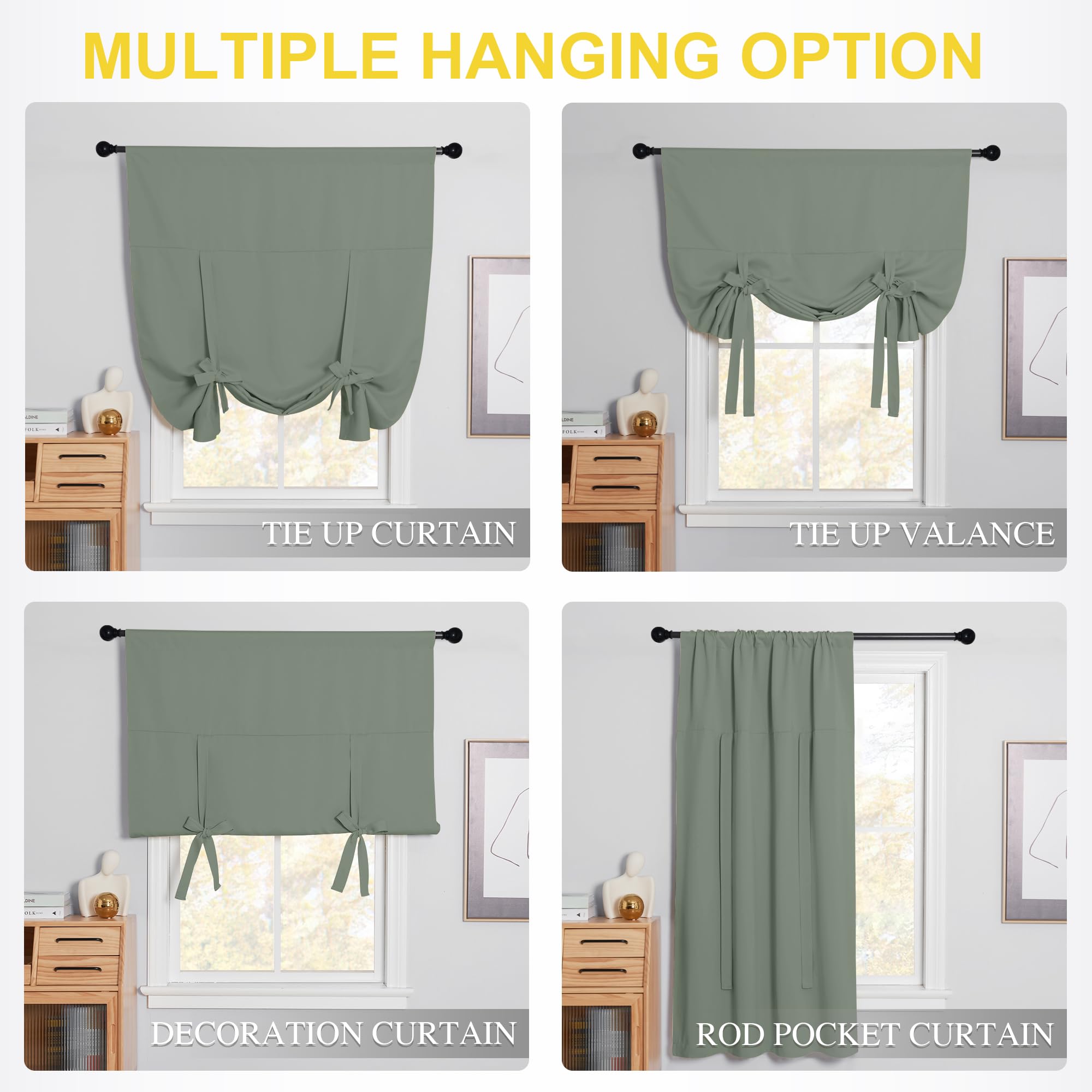 Nicetown Kitchen Window Curtains For Cabinet, Farmhouse Tie Up Short Curtains For Small Window Thermal Roman Shade Adjustable Va