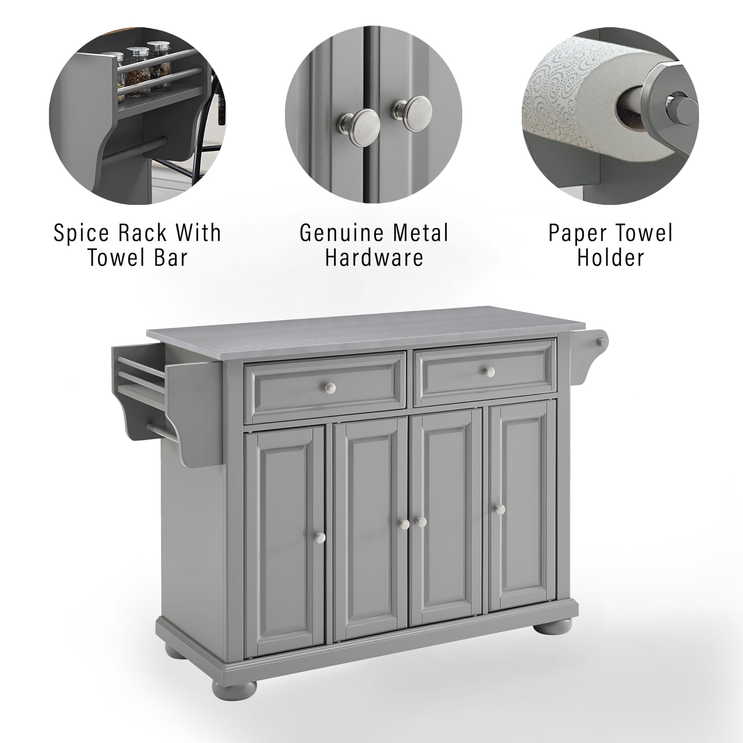Crosley Furniture Alexandria Stainless Steel Top Rolling Kitchen Island Storage Cart, Microwave Stand, Gray