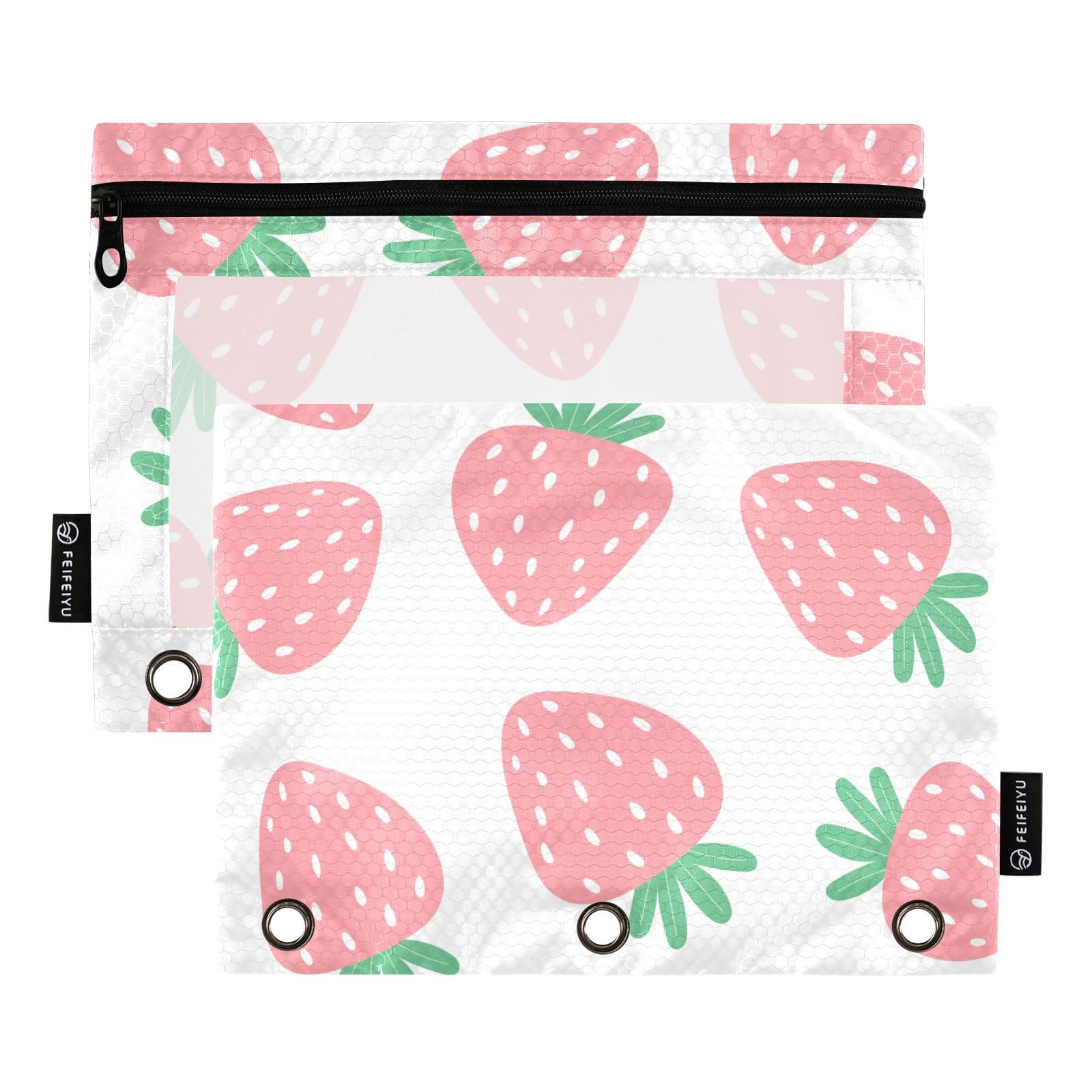 Pink Strawberries Pencil Pouch For 3 Ring Binder Pencil Bags Pencil Case Pockets Makeup Bag With Clear Window For Storing Office