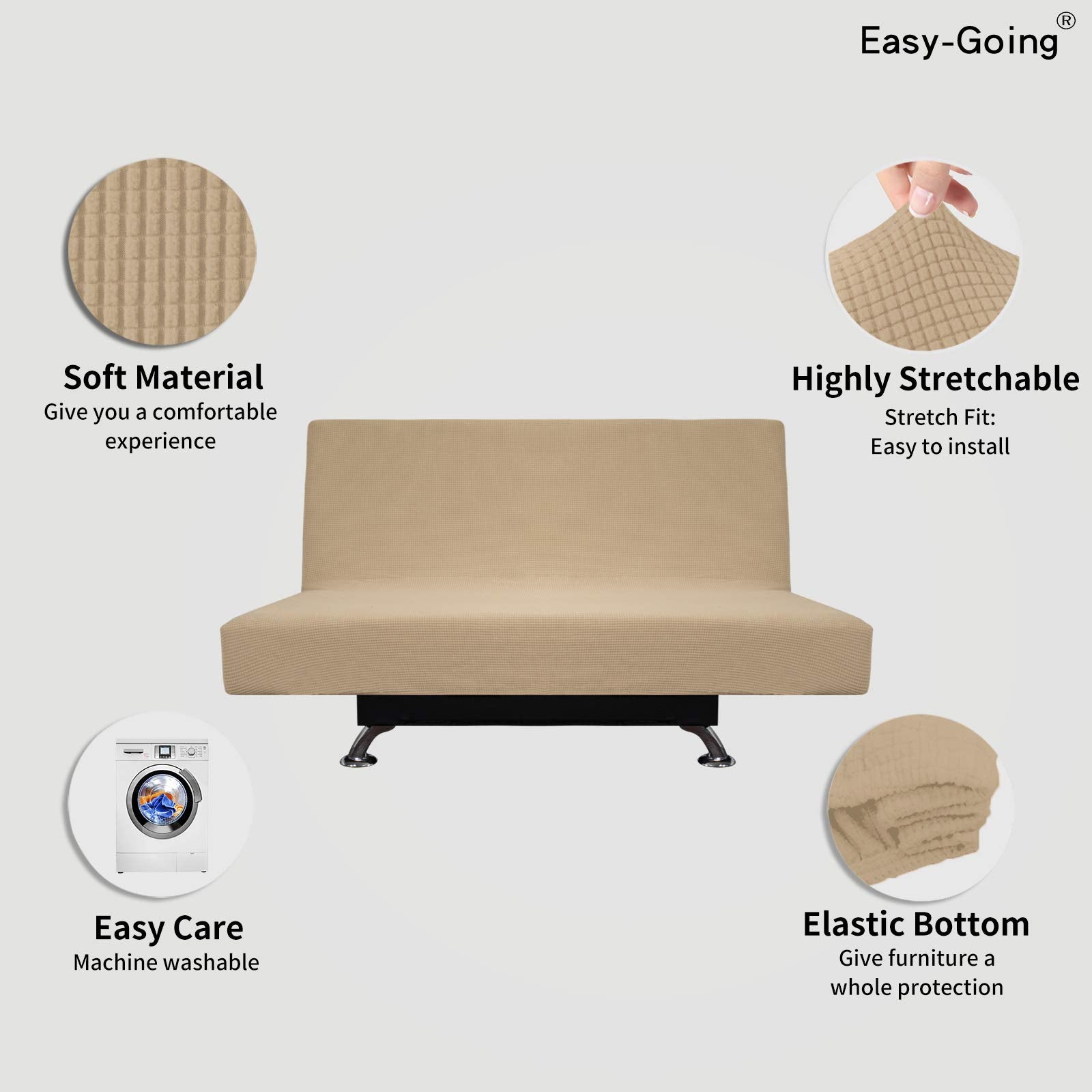 Easy-Going Stretch Futon Slipcover Armless Futon Bed Cover Furniture Protector Without Armrests With Elastic Bottom For Kids, Soft Jacquard Fabric Small Checks (Medium, Sand)