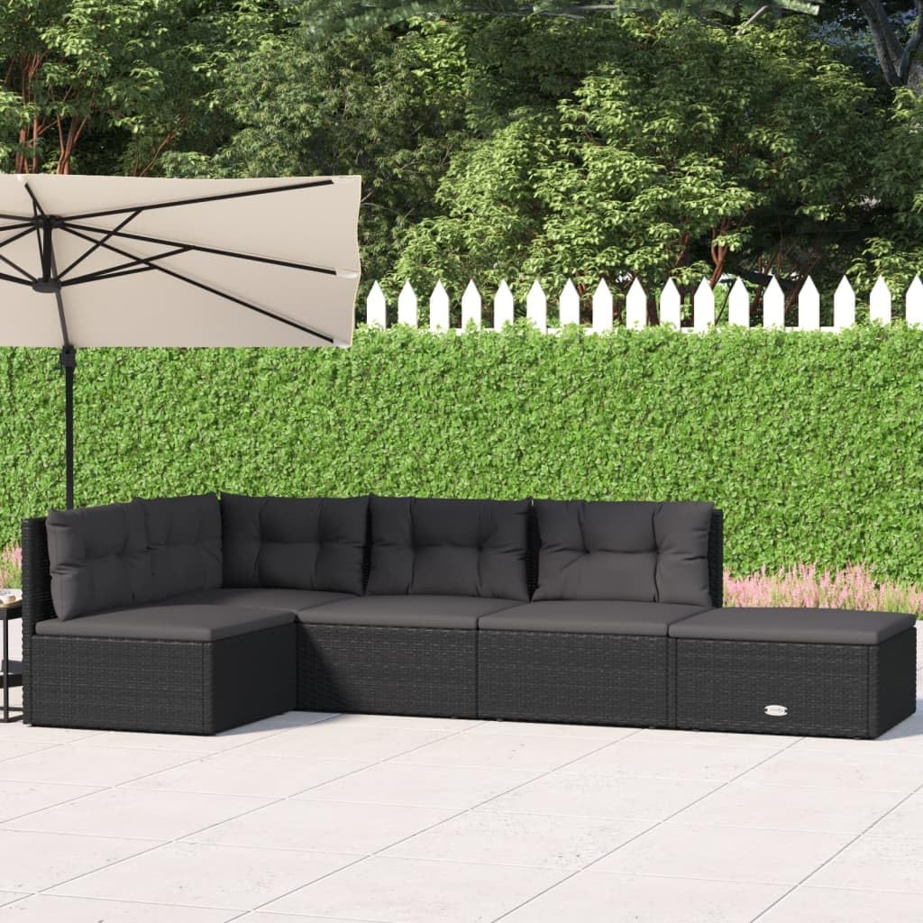 vidaXL 5-Piece Patio Lounge Set, Modular Design with Adjustable Seating, Black Poly Rattan Construction, Powder-Coated Steel Frame, Includes Comfortable Cushions