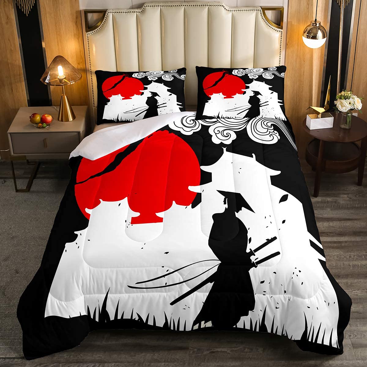 Erosebridal Samurai Comforter Set Full Size, Sunset Print Down Comforter, Japan Quilted Duvet, Building Silhouette Breathable Qu