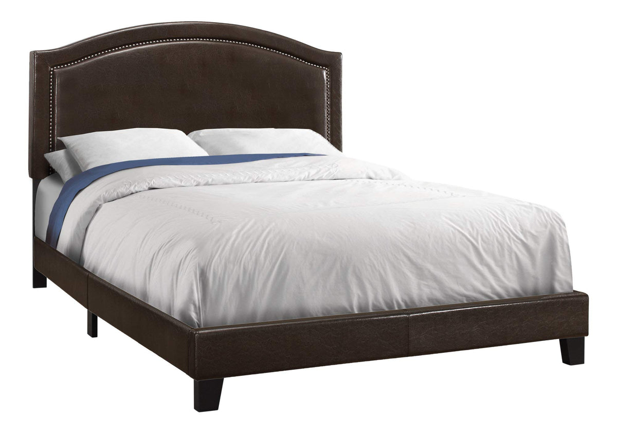 HomeRoots 51.5' Dark Brown Solid Wood, Linen, MDF, & Foam Queen Size Bed with a Brass Trim