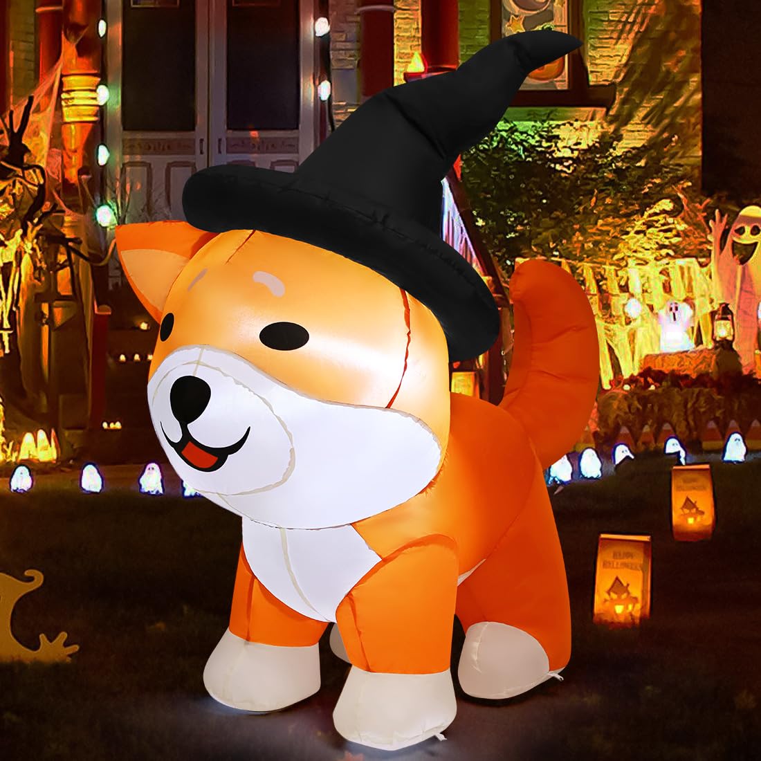 Comin 4 Ft Halloween Inflatables Dog Outdoor Decorations Blow Up Yard Wizard Shiba Inu Dog With Built-In Leds For Indoor Party G