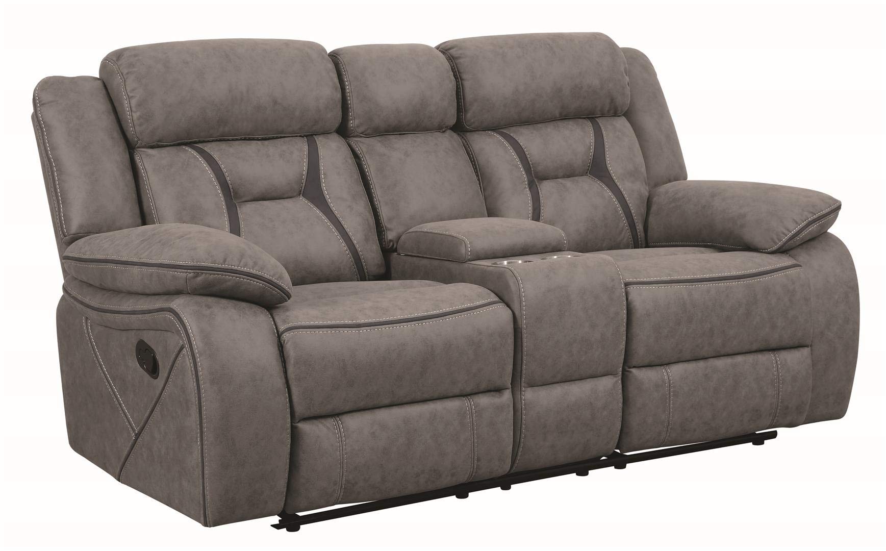 Coaster Home Furnishings Houston Motion Loveseat with Cupholder Storage Console Grey Furniture Piece, Finish (Model: 602262)
