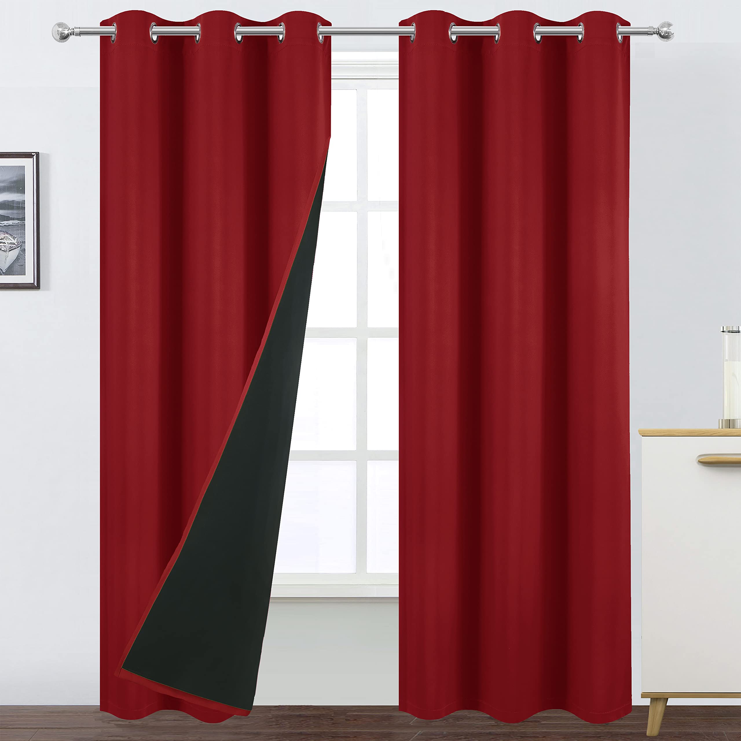Lemomo 100% Blackout Curtains 40 X 84 Inch/Red Curtains 2 Panels With Black Lining Room Darkening Thermal Insulated Bedroom Curt