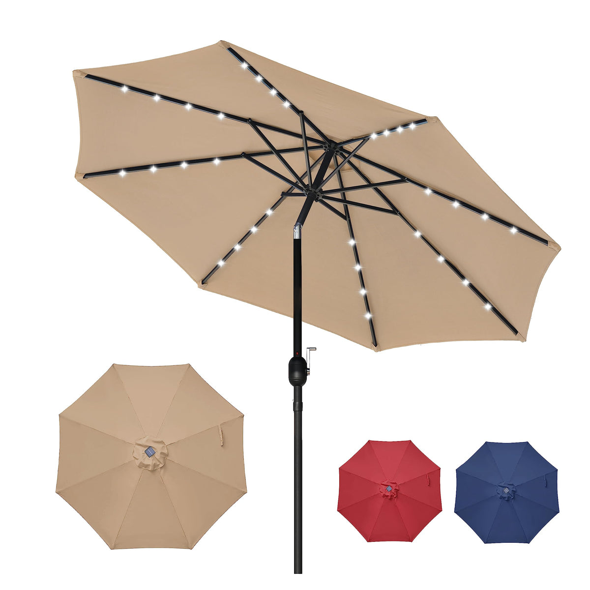 Yssoa 9' Solar Umbrella 32 Led Lighted Patio Umbrella Table Market Umbrellas With Push Button Tilt/Crank Outdoor For Garden, Deck, Backyard And Pool, Tan
