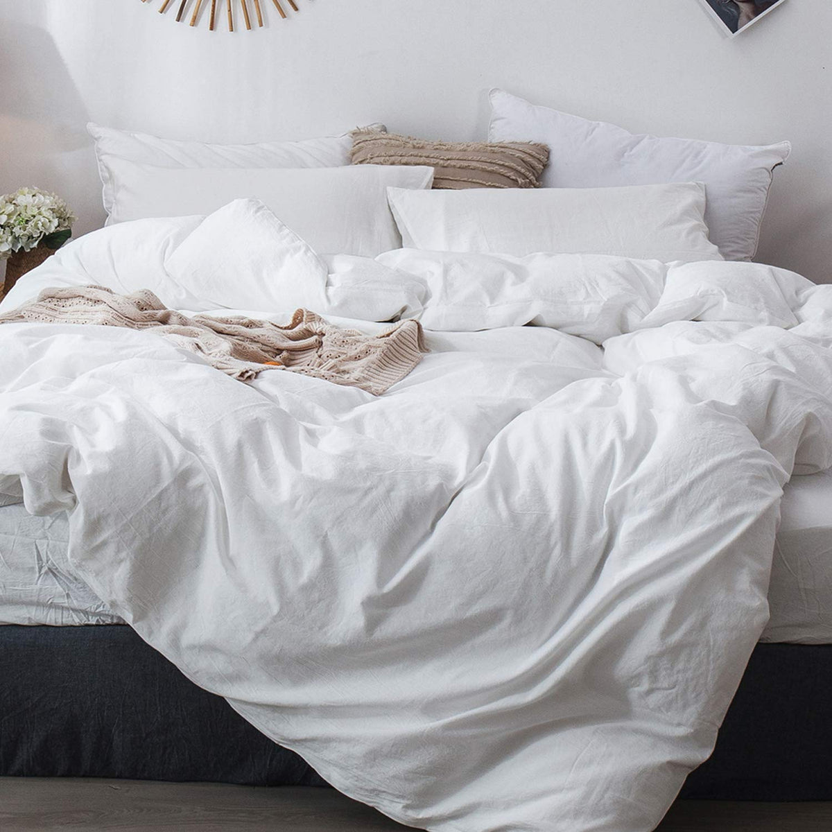Moomee Bedding Duvet Cover Set 100% Washed Cotton Linen Like Textured Breathable Durable Soft Comfy (Off White, Oversized King)