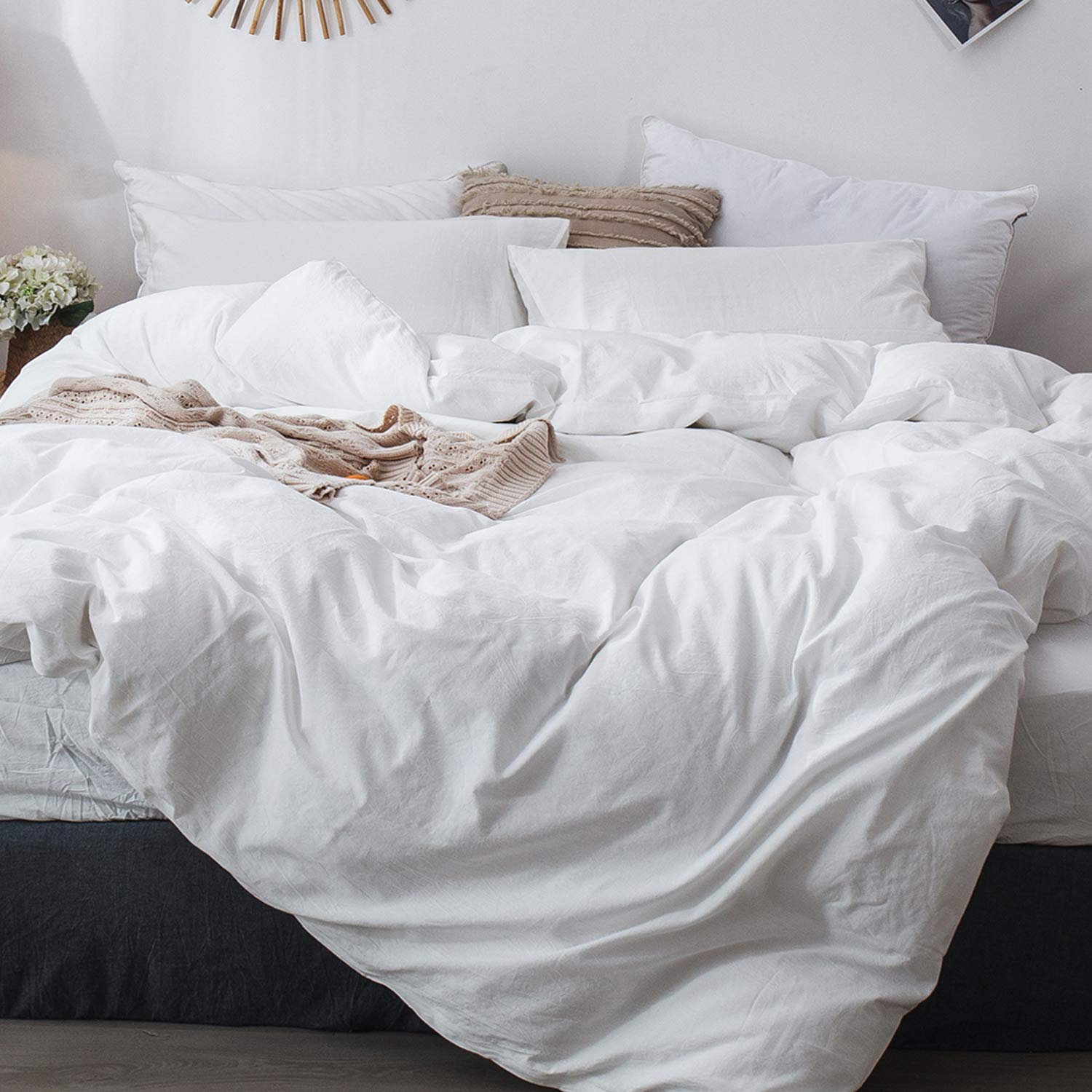 Moomee Bedding Duvet Cover Set 100% Washed Cotton Linen Like Textured Breathable Durable Soft Comfy (Off White, Oversized Queen)
