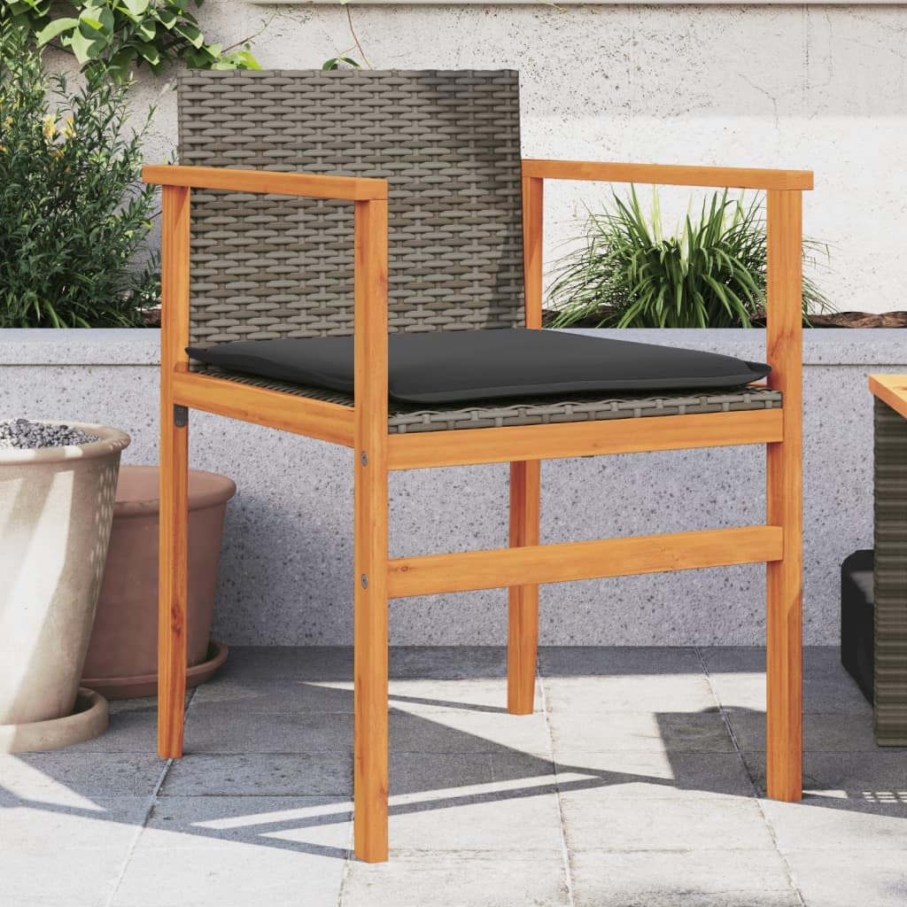 vidaXL Patio Chairs 2 Pcs with Cushions Gray Poly Rattan/Wood, 21.7"x21.7"x30.7", Max Load 242.5 lb