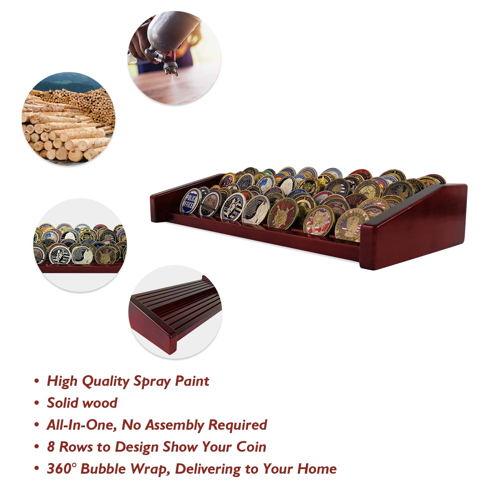 Asmileindeep 8 Rows Military Challenge Coin Display Stand - Holds 60-70 Coins, Solid Wood Army Police Coin Rack Display Holder F
