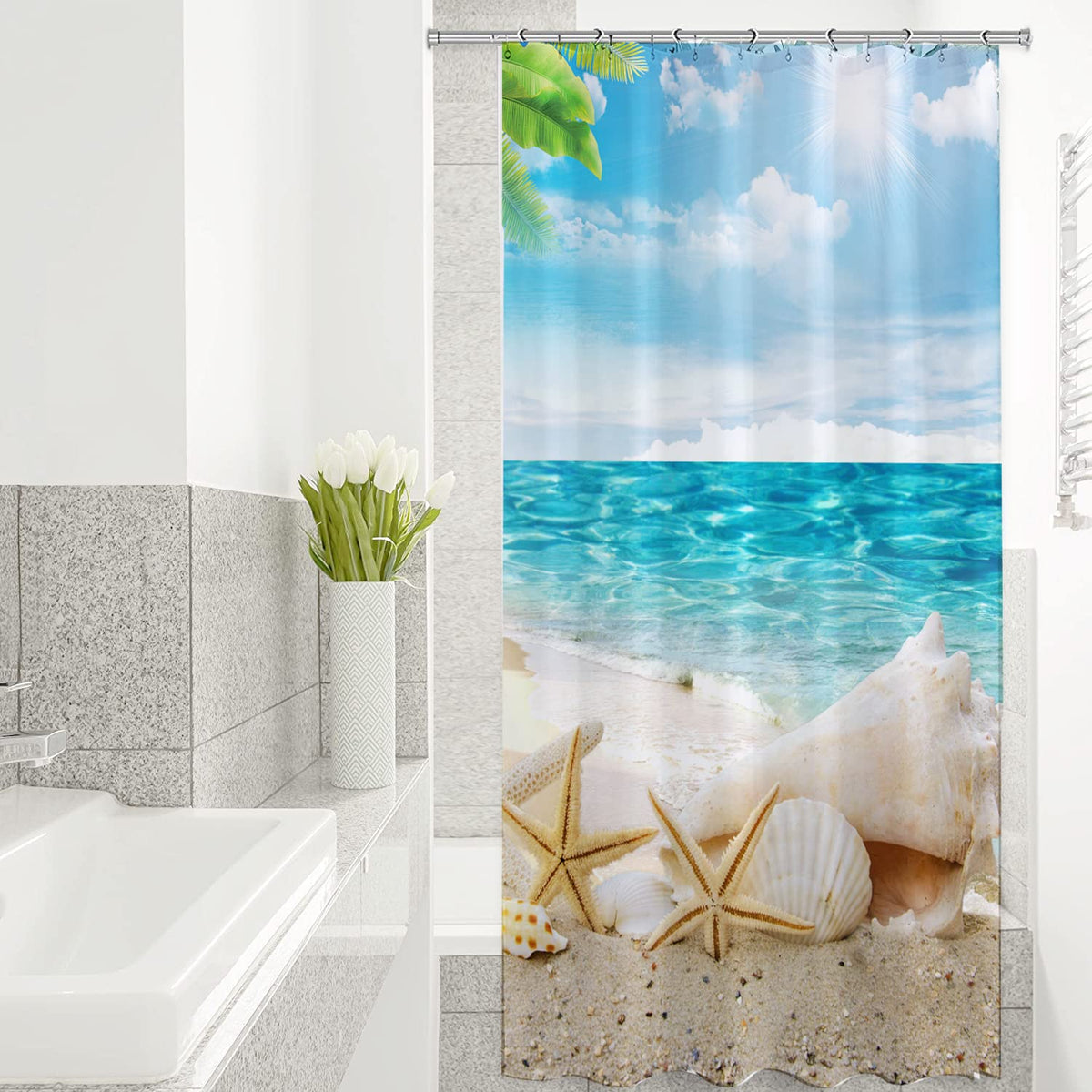 Sylbapstry Beach Shower Curtain Fabric Washable Seashell Starfish Bathroom Decor Digital Printed No-Fade Blue 36 X 72 Inch
