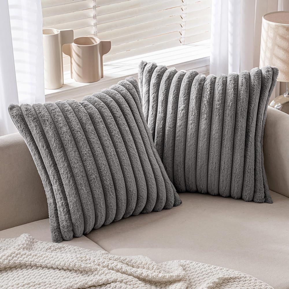 Miulee Light Grey Throw Pillow Covers 20X20 Inch Set Of 2 Fuzzy Striped Soft Pillowcase With Velvet Back Faux Rabbit Fur Cushion