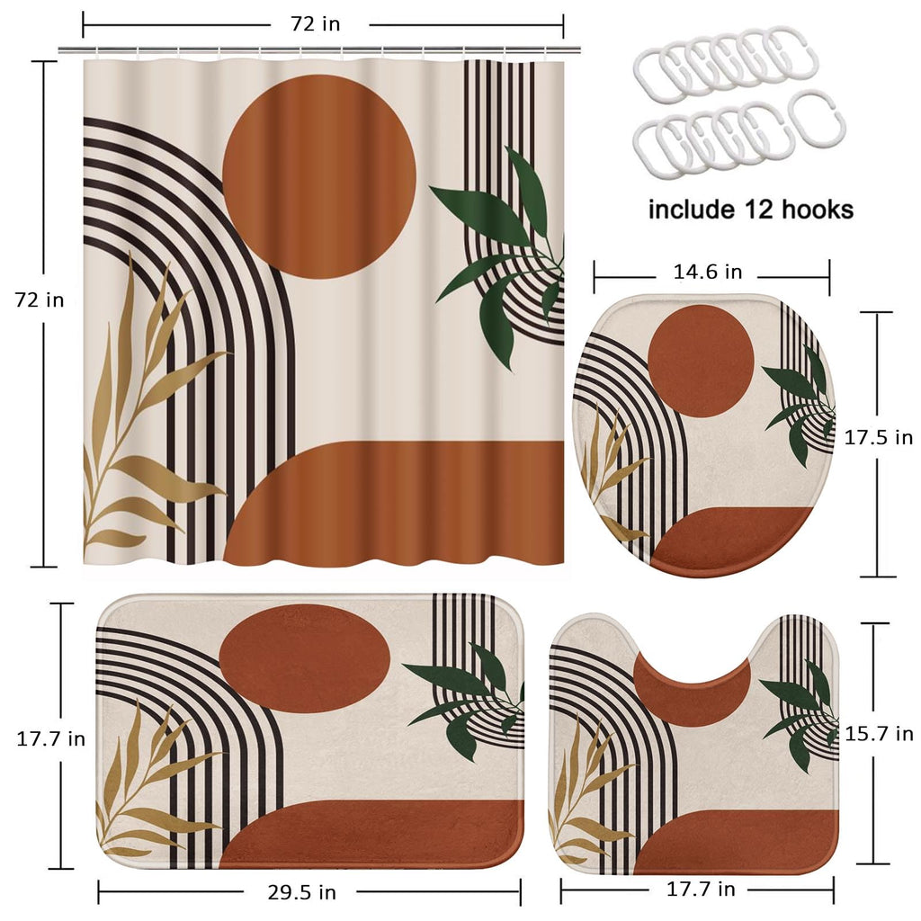 Tayney Boho Vintage Mid Century Shower Curtain Set, 4 Pcs 72x72, Abstract Geometric with Toilet Lid Cover & Non-Slip Rugs, 12 Hooks
