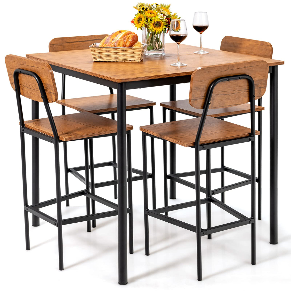 Giantex 5-Piece Dining Table Set W/Counter Height Table & 4 Bar Stools, Industrial Kitchen Dining Table Set W/Footrest & Backrest, Space-Saving Dinette Set For Pub, Dining Room, Restaurant (Teak)