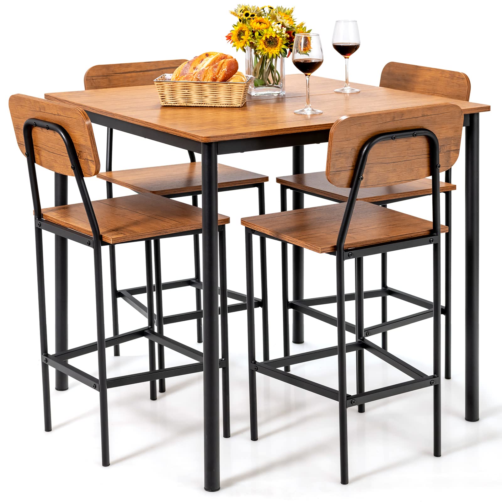 Giantex 5-Piece Dining Table Set W/Counter Height Table & 4 Bar Stools, Industrial Kitchen Dining Table Set W/Footrest & Backrest, Space-Saving Dinette Set For Pub, Dining Room, Restaurant (Teak)